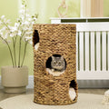 Pawhut Elevated Cat Bed With Three Hideaways & Four Soft Plush Cushions, Cat Tower With Hand Woven Materials, Multi Layer Raised Kitten Bed Caves Brown Steel