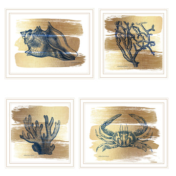 4 Pc Vignette Gold Sea Collection White Framed Wall Art For Living Room, Bedroom Wall Art Print For Home Decor By Bluebird Barn Multi Wood Paper