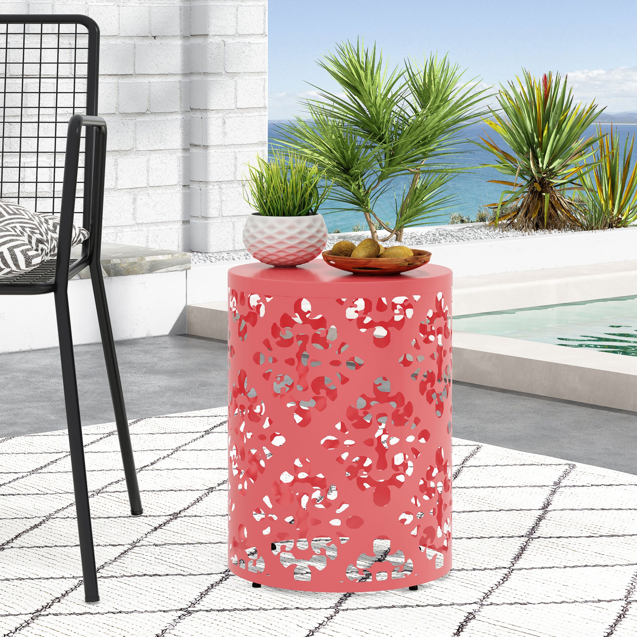 Outdoor Metal End Table Large Coral Iron