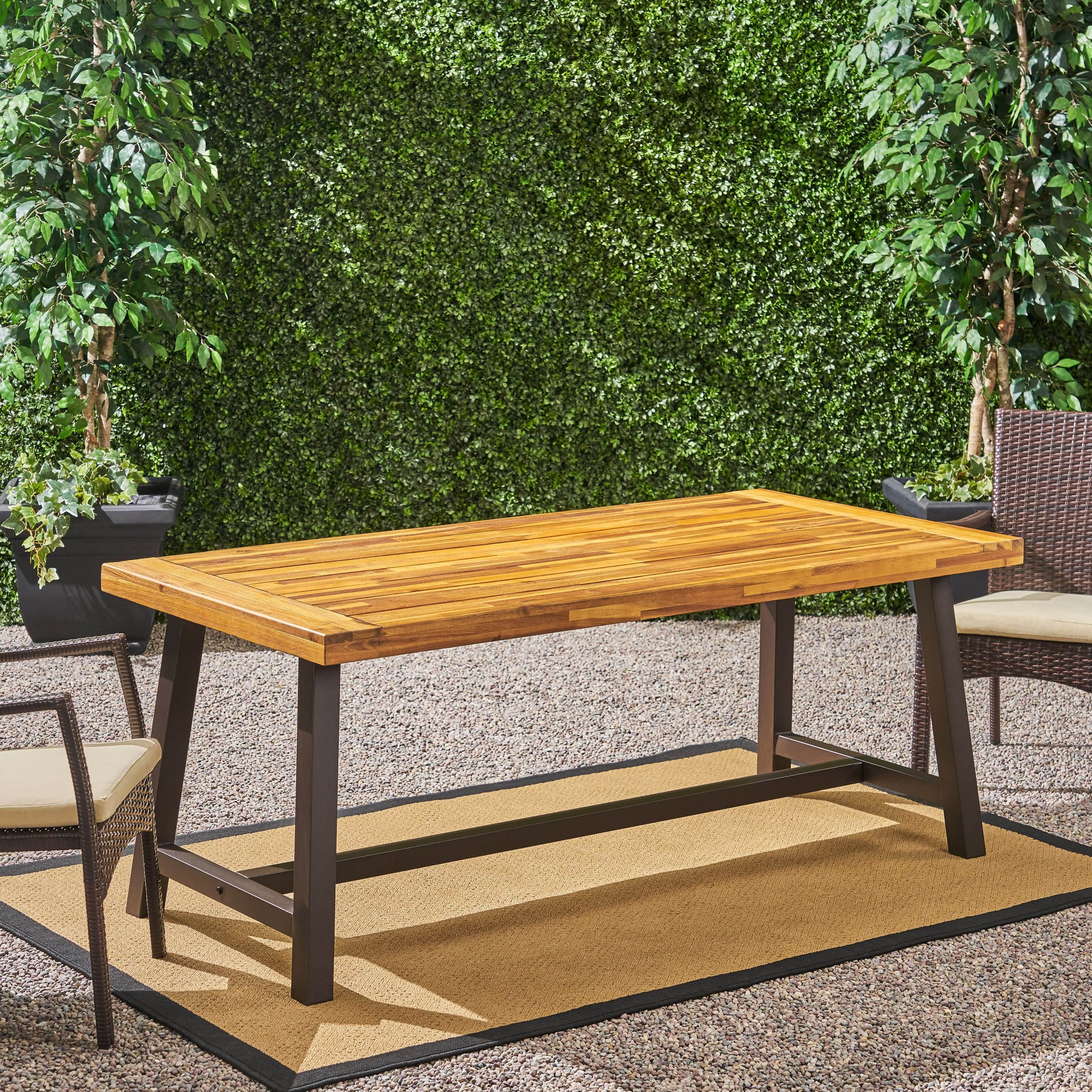 Carlie Outdoor Sandblast Finished Dining Table With Rustic Metal Finished Iron Legs Brown Acacia Wood