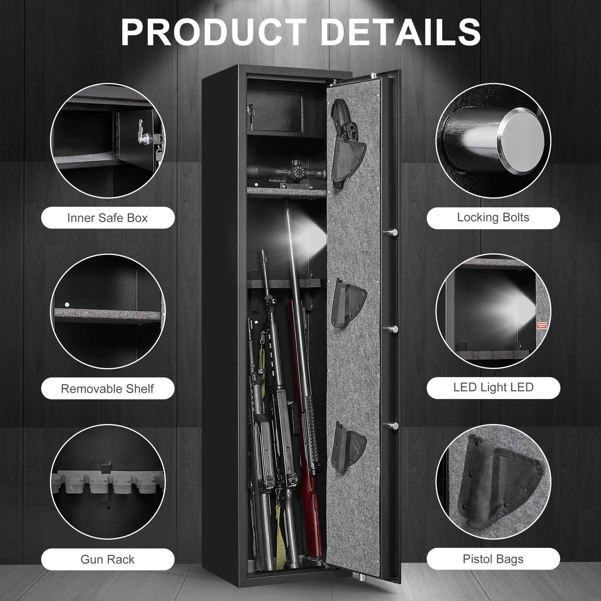 Black Steel Cabinet, With Inner Safe Box, Led Lights, Removable Shelf And Rack. Black Steel