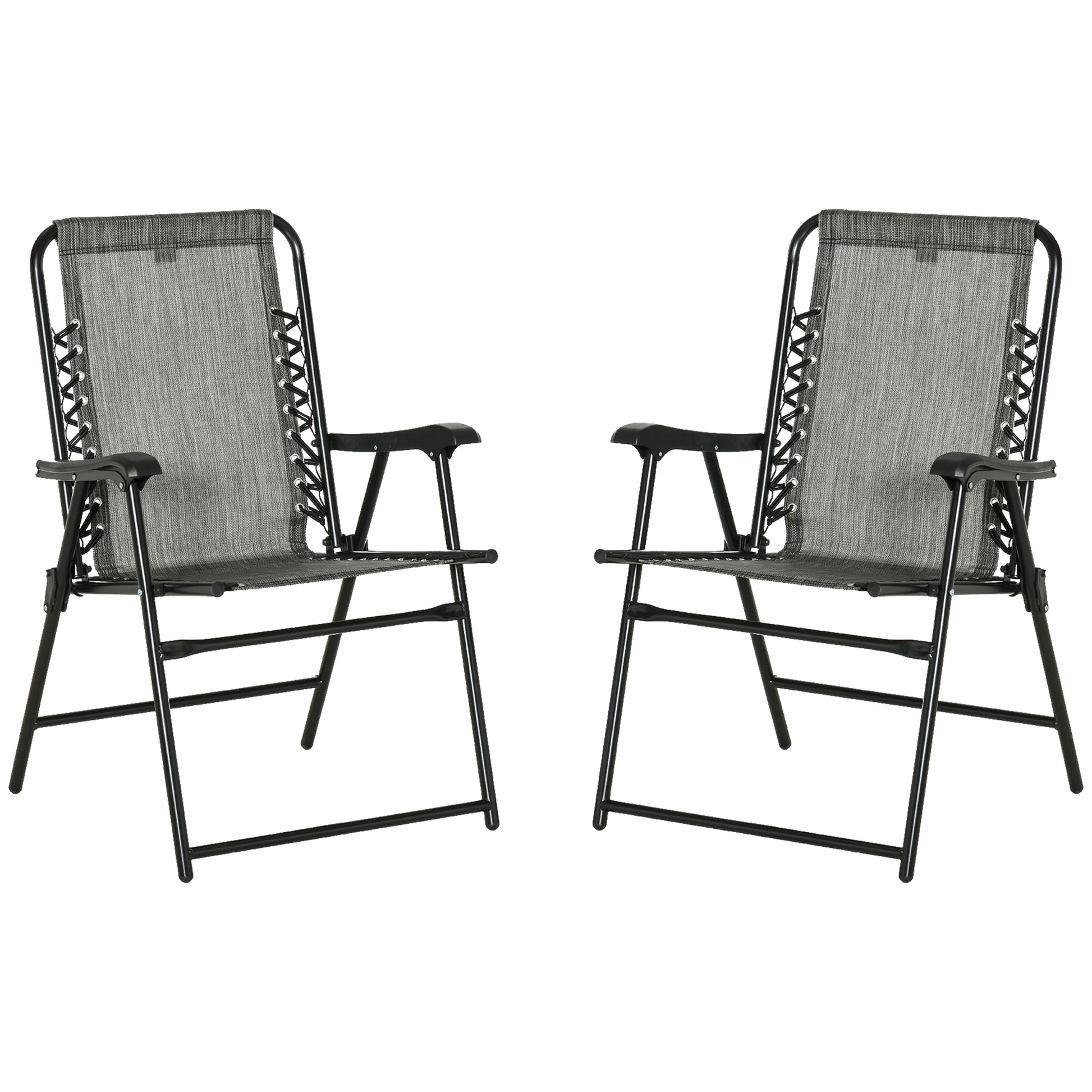 Outsunny Set Of 2 Patio Folding Chairs, Outdoor Bungee Sling Chairs W Armrests, Portable Lawn Chairs For Camping, Garden, Pool, Beach, Backyard, Gray Gray Steel