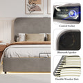 Upholstered Platform Full Size Hydraulic Storage Bed, Lift Up Storage Bed With Rgb Led Light, Bluetooth Speaker, No Box Spring Needed, Lychee Velvet, Gray Full Gray Velvet Fabric Metal