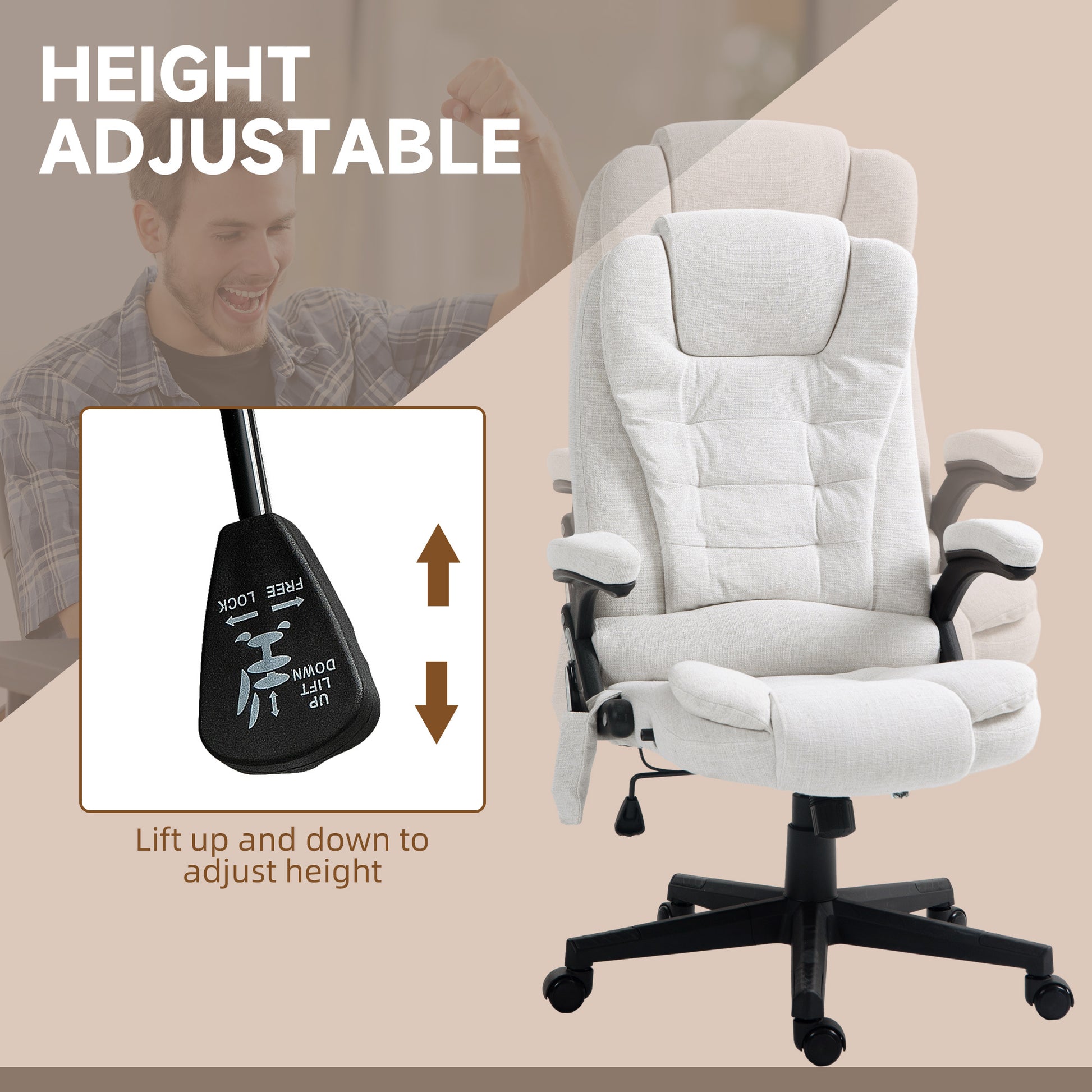 Homcom 6 Point Vibrating Massage Office Chair With Heat, Linen High Back Executive Office Chair With Reclining Backrest, Padded Armrests And Remote, Cream White Cream White Polyester
