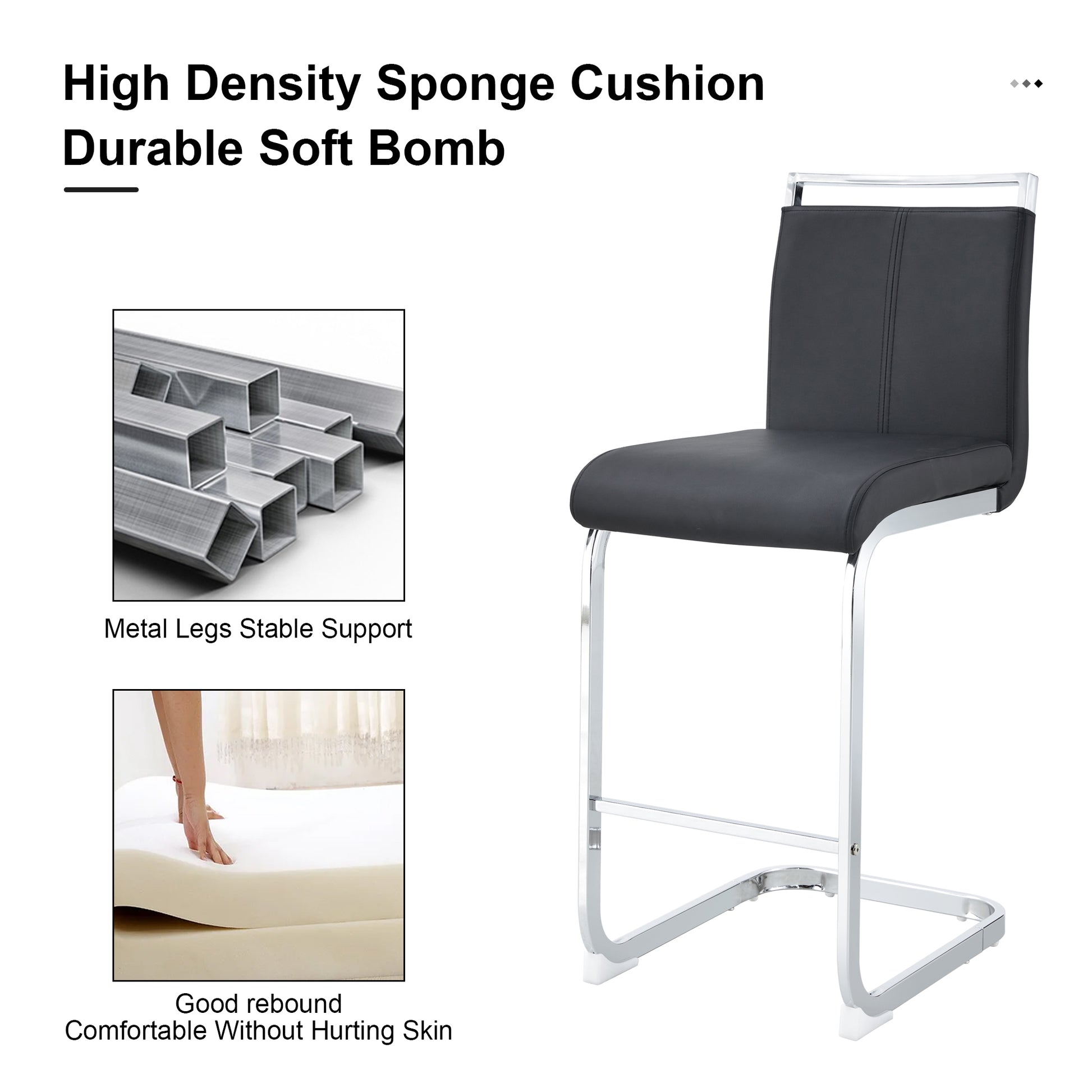 Table And Chair Set. A Rectangular Glass Dining Table With A 0.4 Inch Tempered Glass Tabletop And Mdf Board V Shaped Bracket, Paired With Chairs Consisting Of Pu Seat Cushions And Silver Metal Legs. Black Seats 4 Tempered Glass