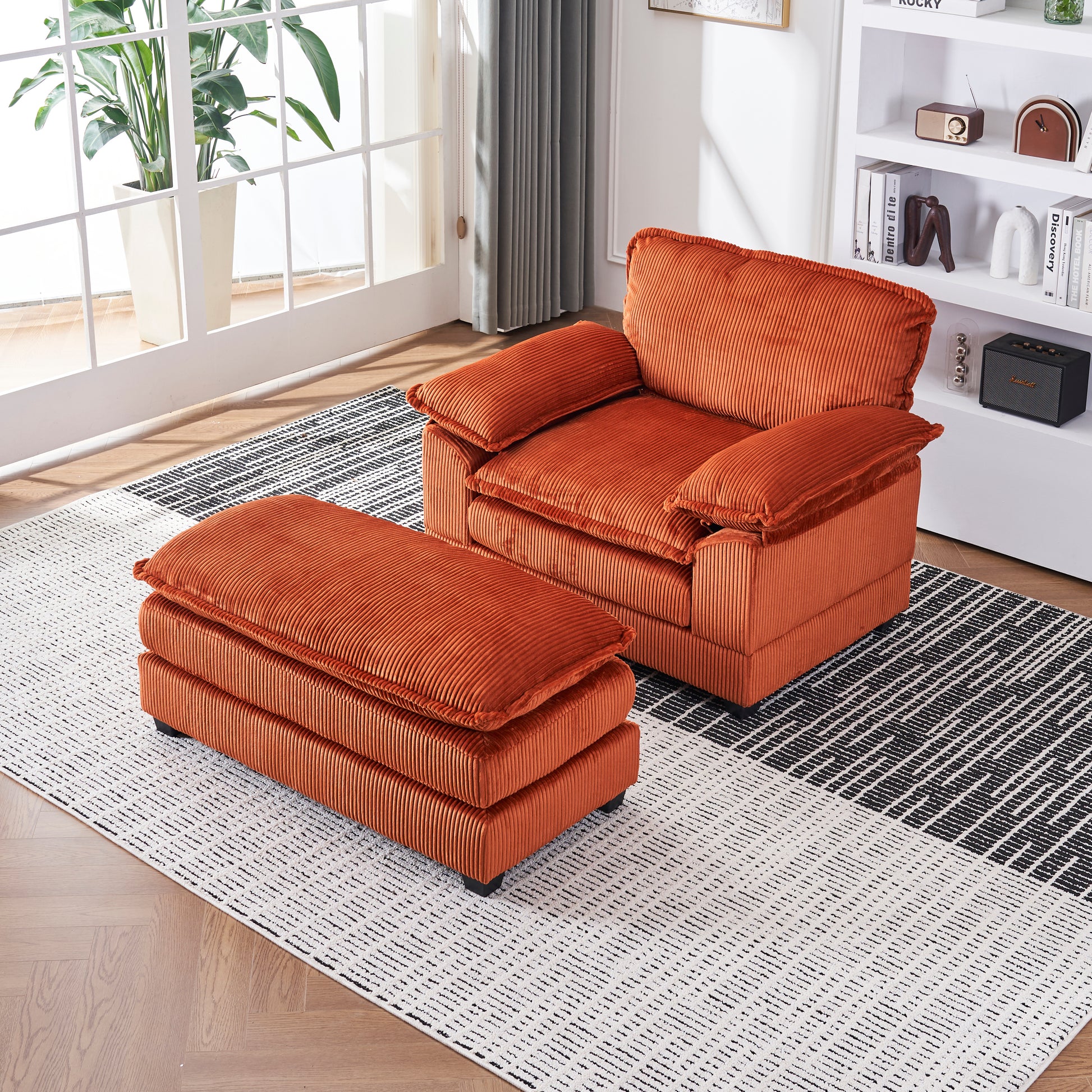 56.3 Inch Corduroy Single Sofa With 2 Toss Pillows And A Ottoman ,Comfy Sofa Deep Seat Couch For Living Room Orange Foam 1 Seat