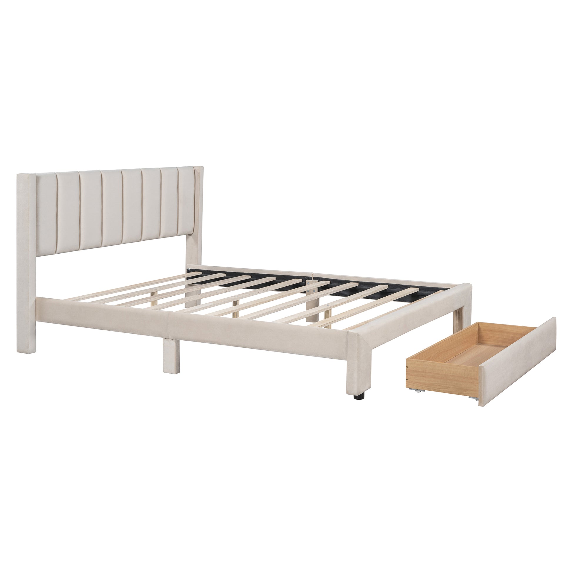 Queen Size Storage Bed Velvet Upholstered Platform Bed With A Big Drawer Beige Old Sku:Wf296854Aaa Queen Beige Velvet