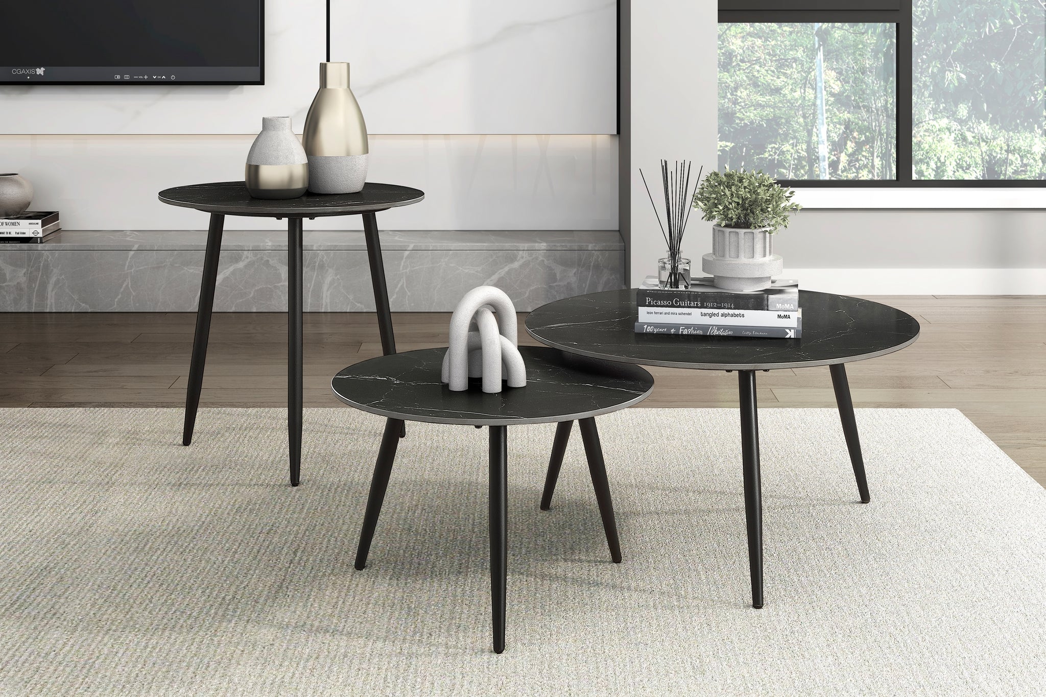 Modern Style Nesting Cocktail Tables And Side Table 3 Piece Occasional Table Set Black Metal Legs Sintered Stone Top Black Primary Living Space Modern Metal,Sintered Stone