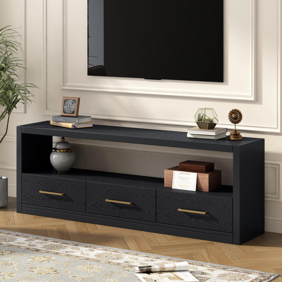 Mirod Stylish Tv Stand With Large Storage,Classic Design With Three Drawers And Spacious Surface,Minimalist Metal Handles,Versatile As Tv Console Or Side Cabinet Black 70 79 Inches Mdf