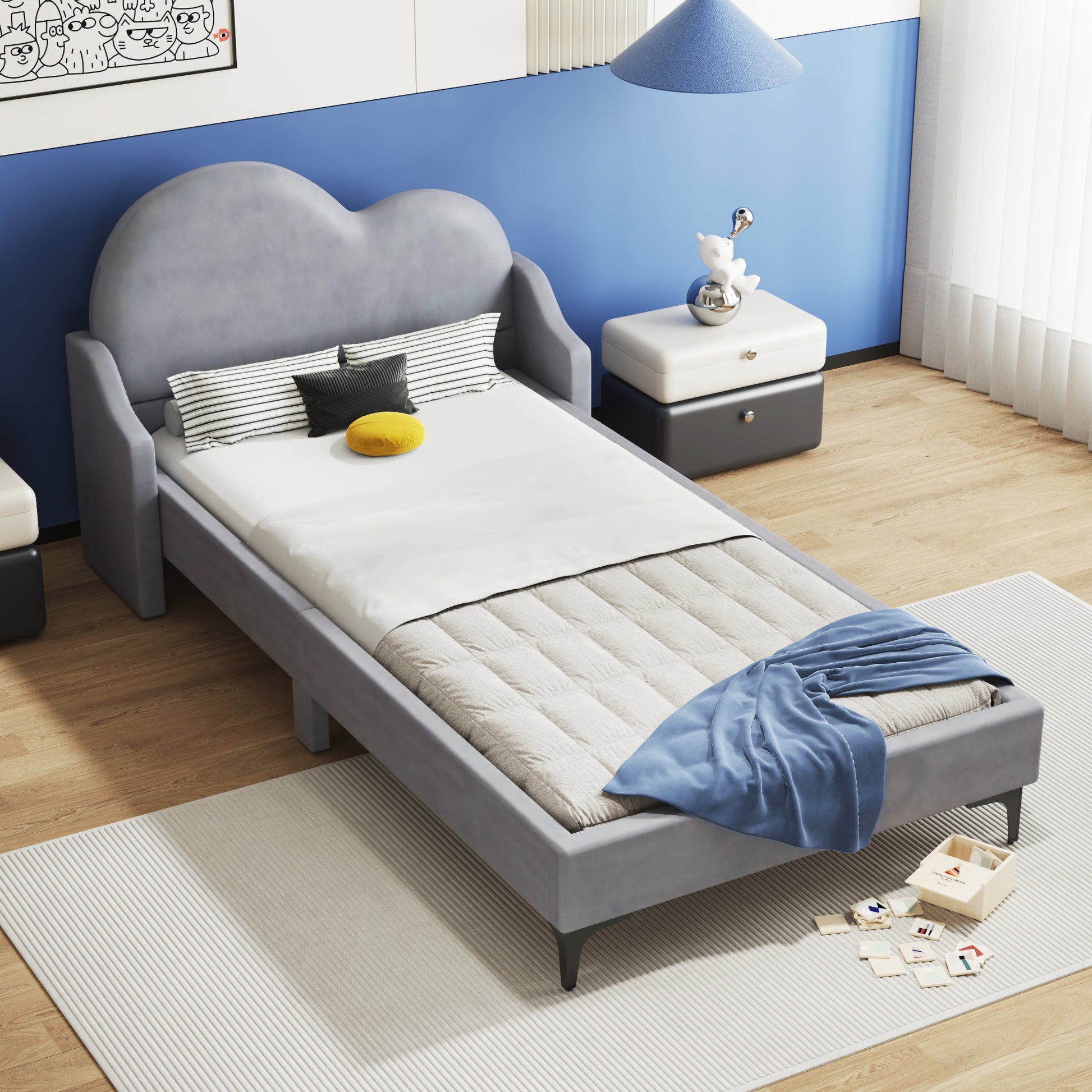 Twin Size Upholstered Platform Bed With Cloud Shaped Headboard, Gray Box Spring Not Required Twin Gray Bedroom Polyester Upholstered