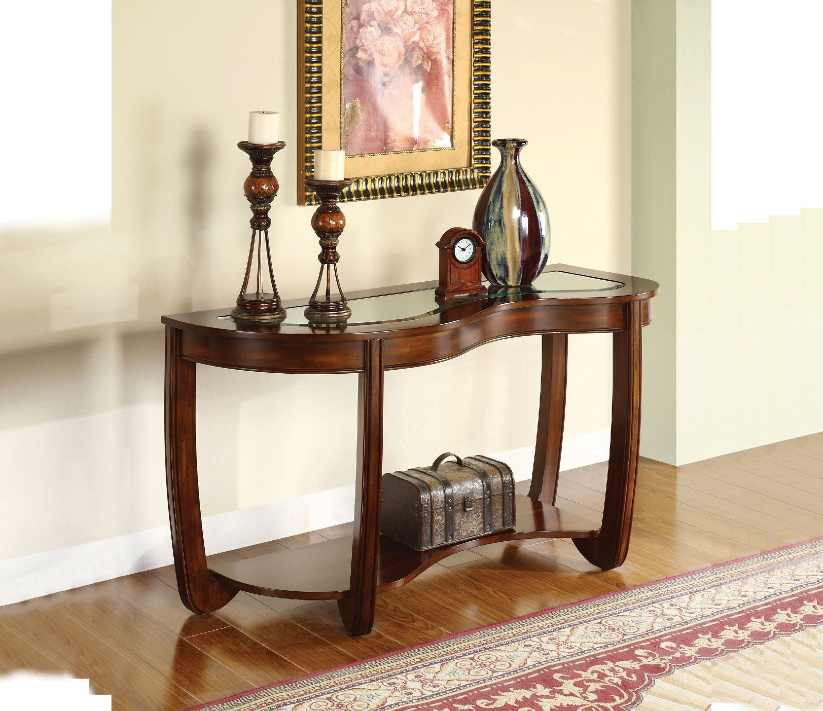 Dark Cherry 1Pc Sofa Table Open Bottom Shelf Glass Insert Top Cocktail Table Living Room Furniture Brown,Cherry Brown Primary Living Space Classic,Contemporary,Luxury,Traditional Rubberwood Open