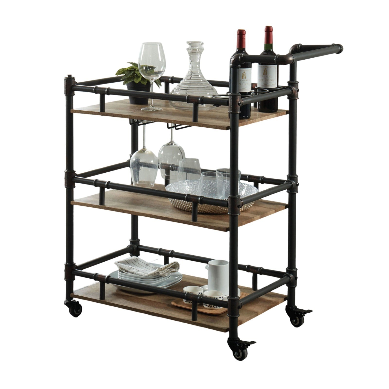 Industrial Style Antique Black Inspired Design Natural Oak 1Pc Serving Cart 3 Tier Server W Wheels Oak Dining Room Contemporary,Modern,Transitional Solid Wood