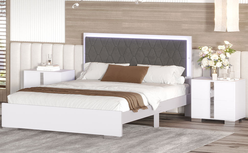 Queen Size Upholstered Bed With Led Light,Modern Platform Bed With With Velvet Headboard,White Queen White Mdf