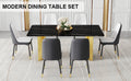 Table And Chair Set.The Table Has A Glass Top With Imitation Marble Pattern Stickers And Stainless Steel Golden Legs. Paried With Chairs With Pu Artificial Leather Backrest Cushions And Black Legs. Black Gold Seats 6 Glass Metal
