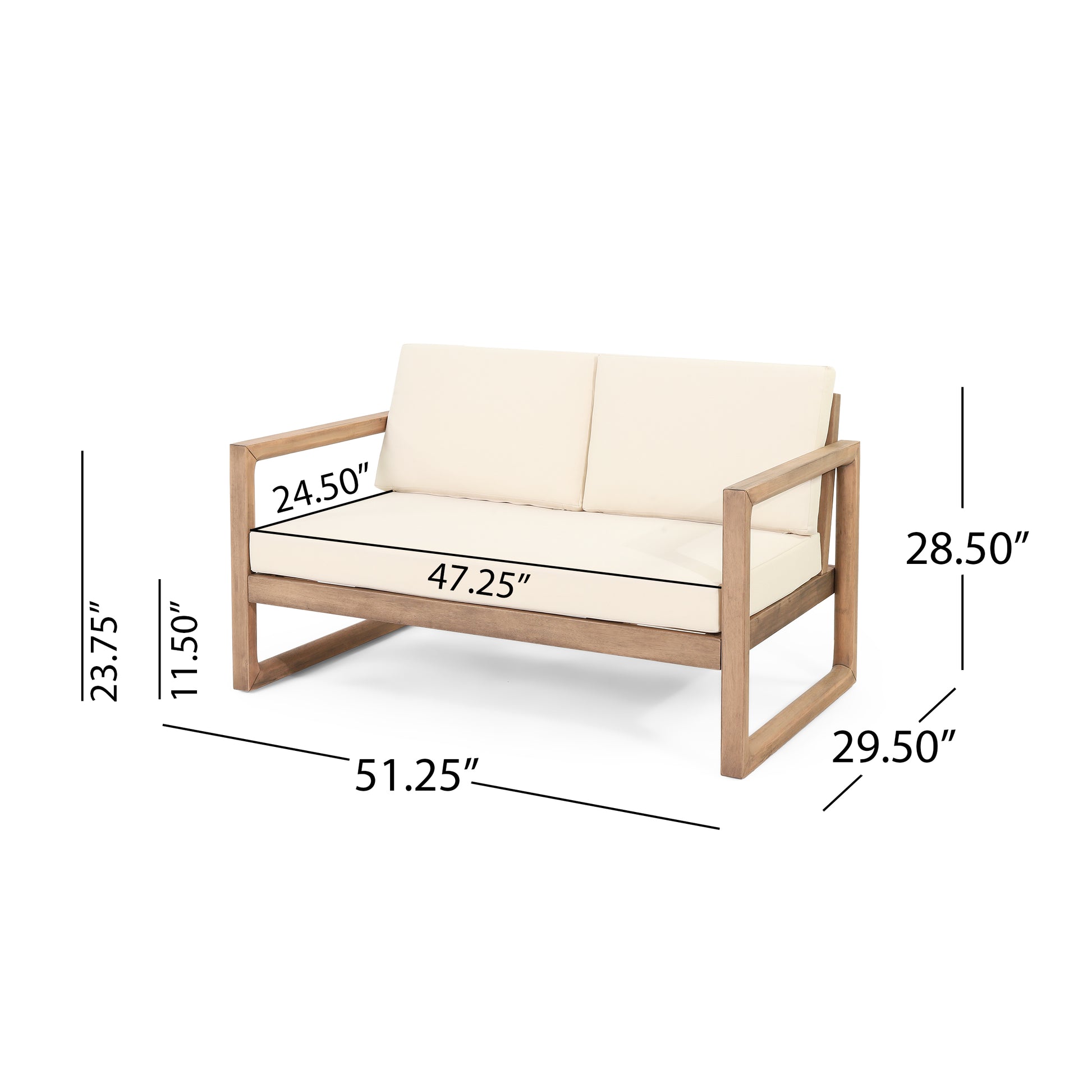 Outdoor Acacia Wood Loveseat And Coffee Table Set With Cushions, Brown Wash, Beige Brown Acacia Wood