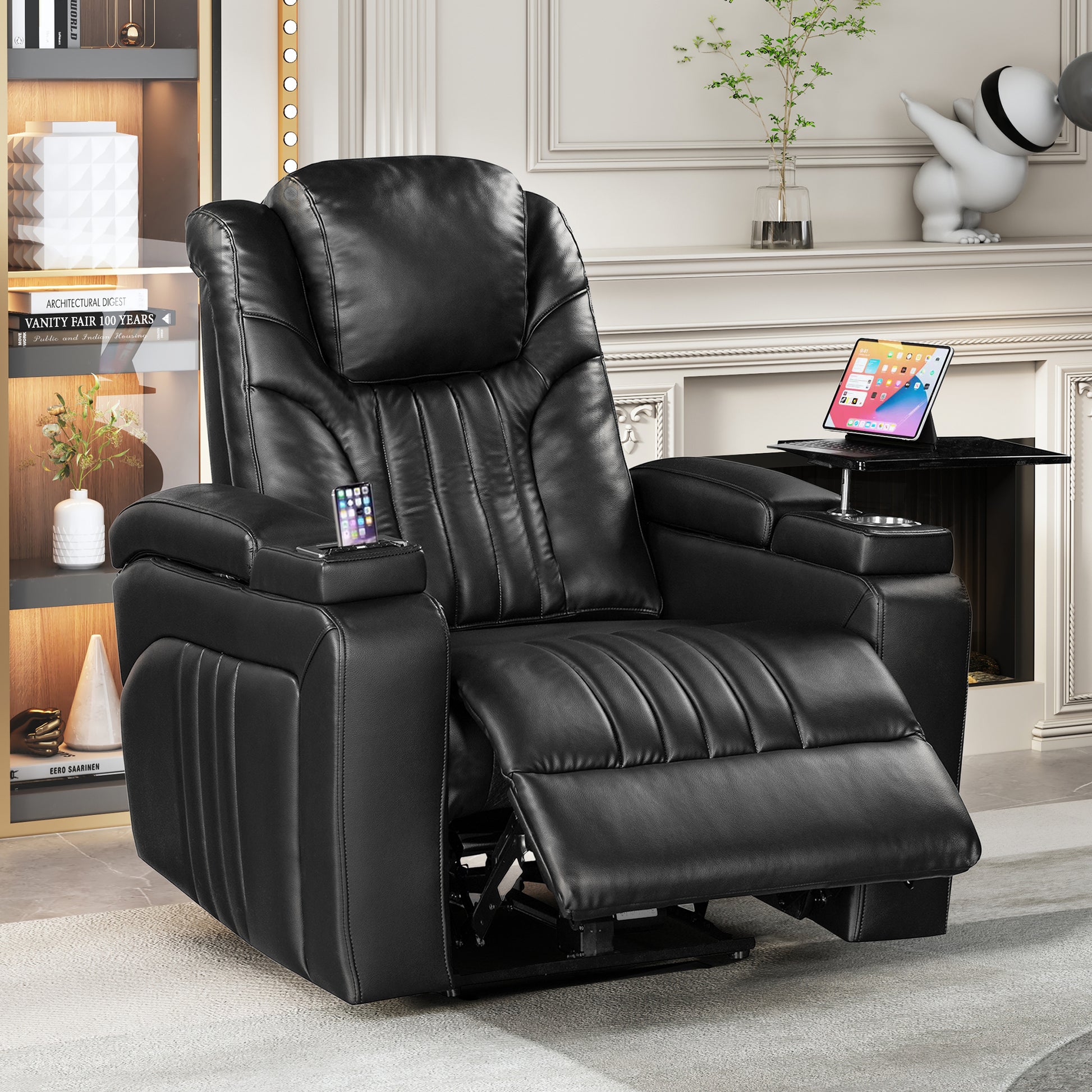 Pu Leather Power Recliner Home Theater Recliner With Power Adjustable Headrest, Wireless Charging Device, Usb Port, Storage Arms, Cup Holder And Swivel Tray Table For Living Room, Black Black Foam Pu Leather