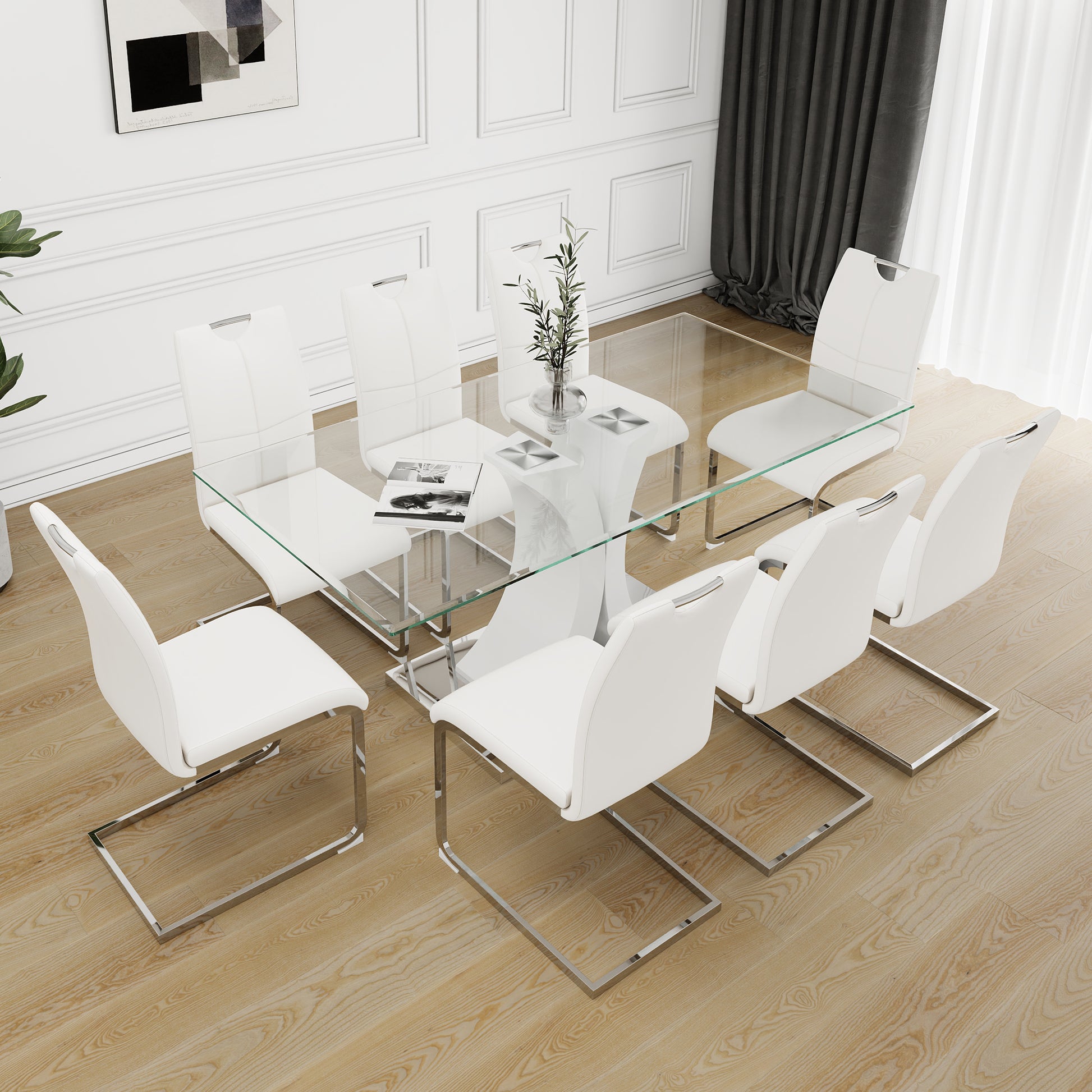 Modern Style Glass Table, Elegant Transparent Design, Durable Support Base, White Dining Chair Set, Electroplated Chair Legs, Suitable For Restaurant Kitchens Set Of 9 White Mdf Metal