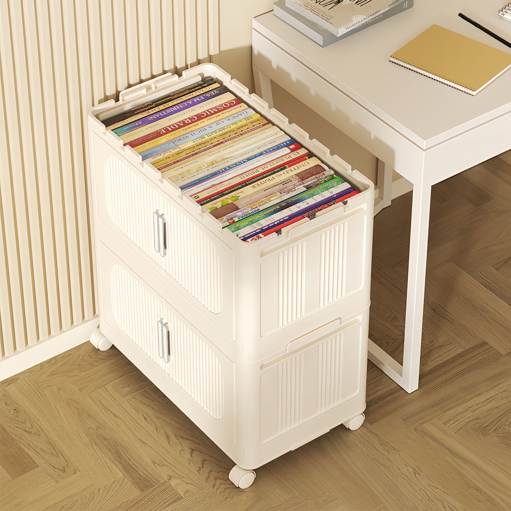 Cream White,19.69" Side Wide Folding Storage Cabinet ,4 Tiers,19.69" 11.81" 40.55",Collapsible Storage Bins With Magnetic Door, Plastic Storage Cabinet With Wheels Cream White Plastic