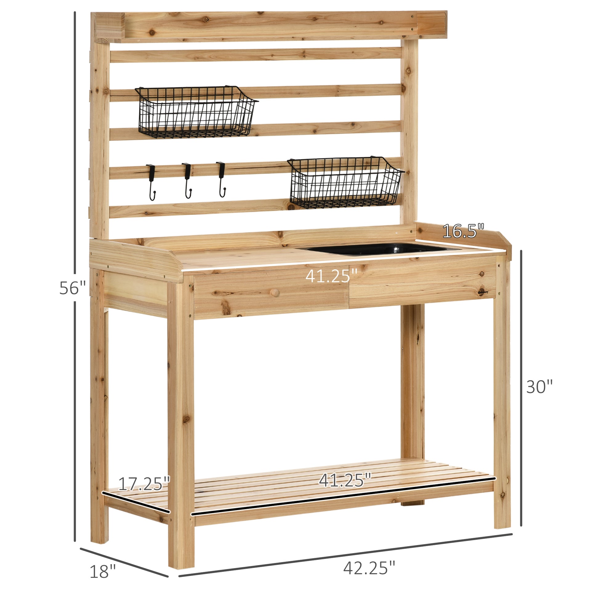 Outsunny Potting Bench Table, Garden Work Bench, Workstation With Metal Sieve Screen, Removable Sink, Additional Hooks And Baskets For Patio, Courtyards, Balcony, Natural Natural Wood