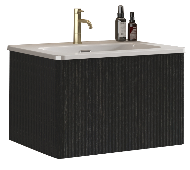 U056 Etna24W 308 Etna 24" Striped Brushed Black Oak Floating Bathroom Vanity With White Ceramic Sink, Bathroom Vanity For Modern Bathroom, One Piece White Sink Basin Without Drain, Pre Assembled