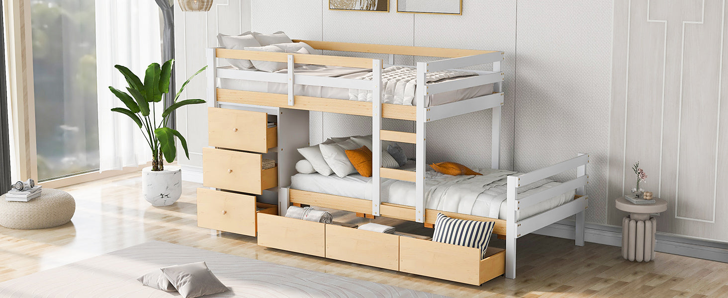 Twin Over Twin Loft Bunk Bed With Drawers And Ladder, Natural Twin Natural Pine