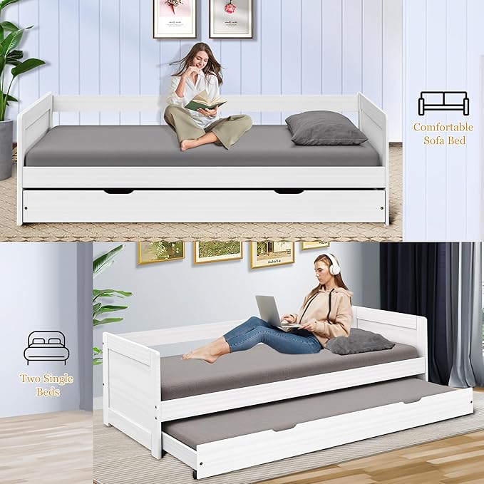 Twin Daybed With Trundle, Modern Wood Daybed With Armrest, Wood Daybed Frame For Boy, Girl, No Box Spring Needed, White Twin White Pine,Wood