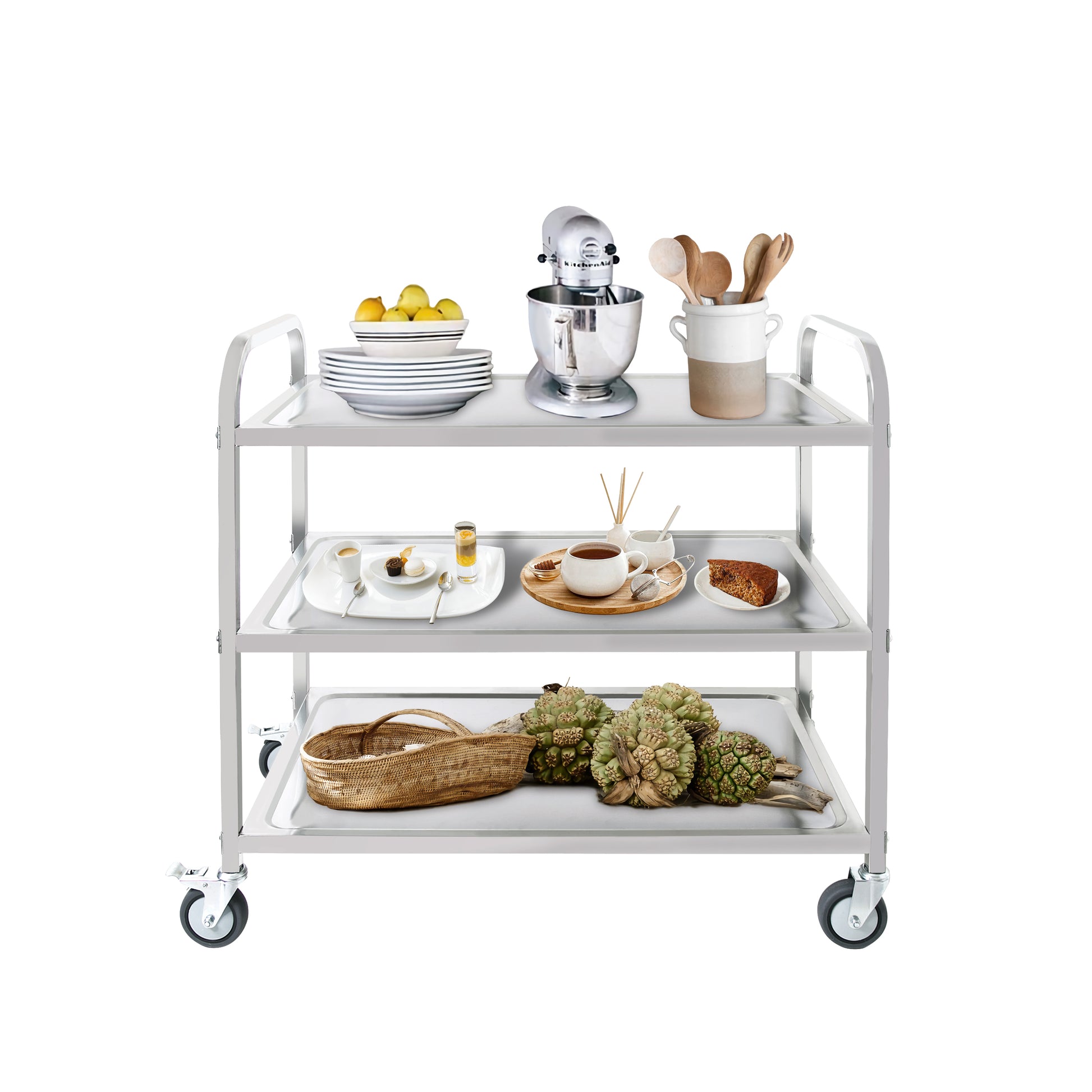 3 Tier Stainless Steel Cart, Serving Cart With Wheels, Restaurant, Household, Service Trolley, 360 Rotation Storage Cart With Locking Wheels 37.4 * 19.2 * 36.6'' L*W*H Rolling Kitchen Food Cart White Silver Stainless Steel