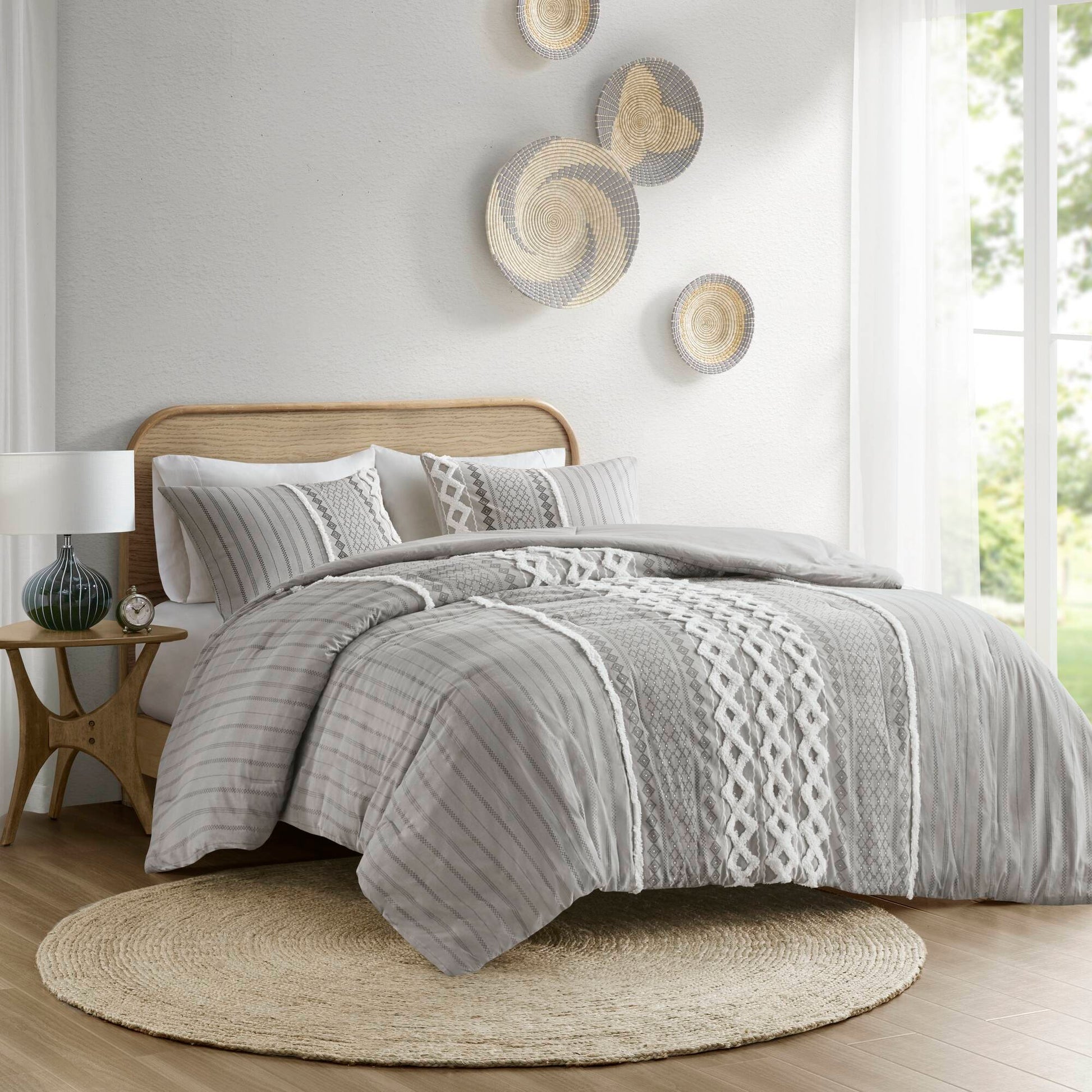 Cotton Printed Comforter Set With Chenille Gray Full Queen Queen Gray Cotton