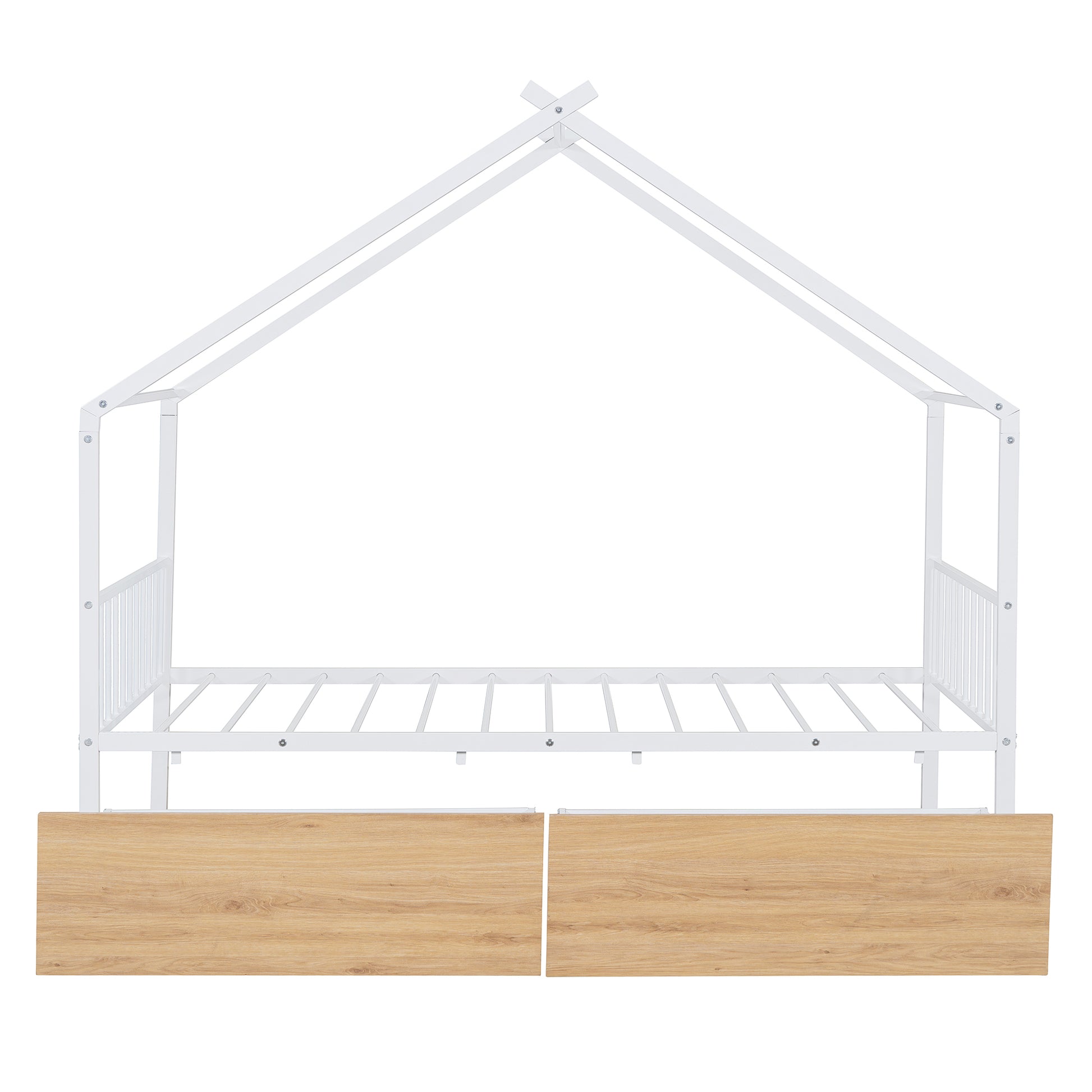 Twin Size Metal House Bed With Two Drawers, White Twin White Metal