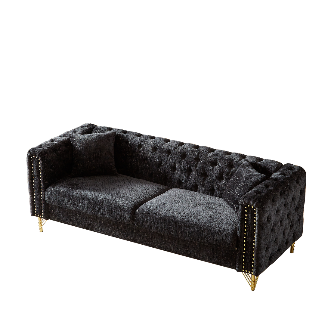 82 Inch Chenille Pull Buckle Design Sofa For Living Room,Buttons Tufted With Copper Nail Decoration Armrest, Modern Couch Upholstered Button And Metal Legs Black Foam Chenille 3 Seat