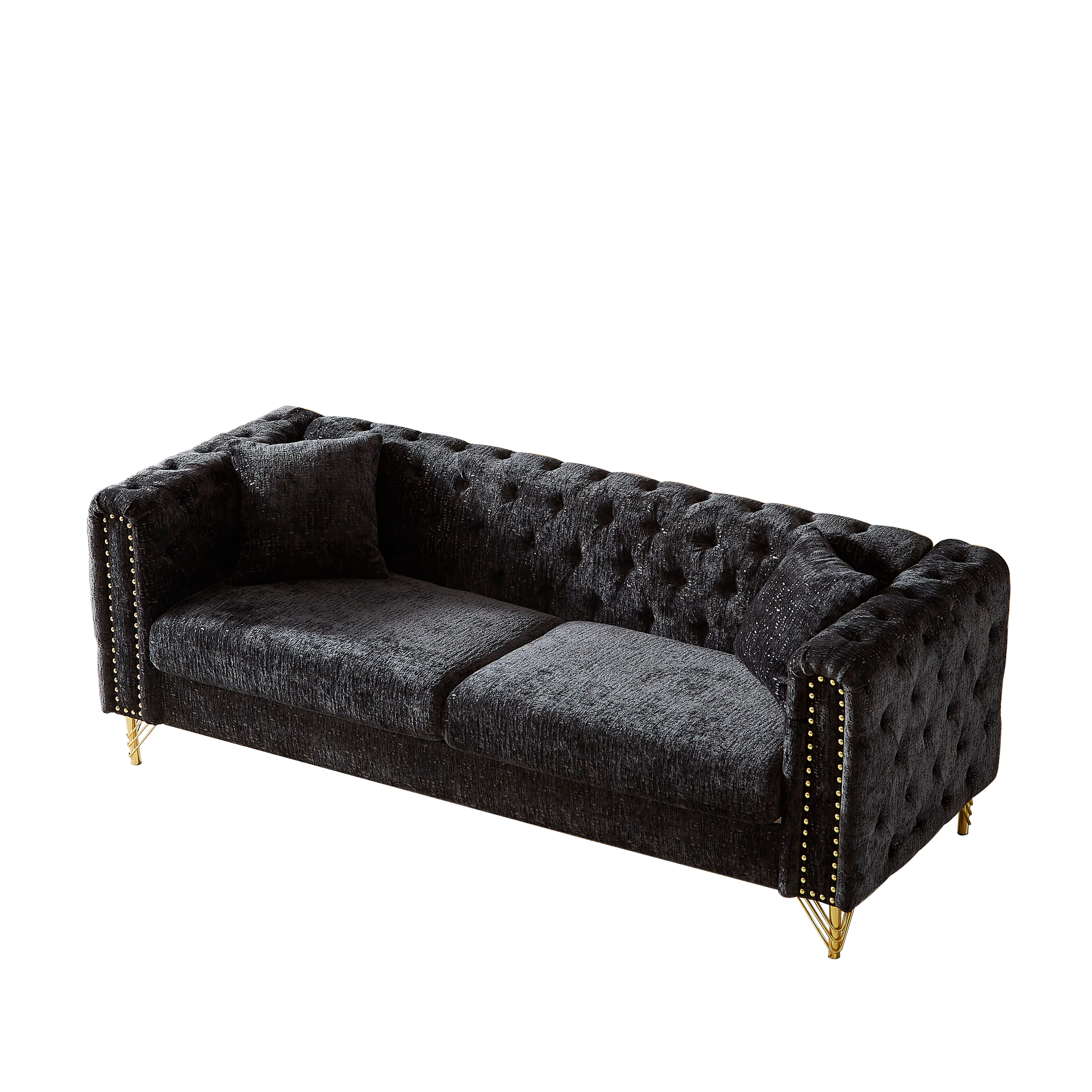 82 Inch Chenille Pull Buckle Design Sofa For Living Room,Buttons Tufted With Copper Nail Decoration Armrest, Modern Couch Upholstered Button And Metal Legs Black Foam Chenille 3 Seat