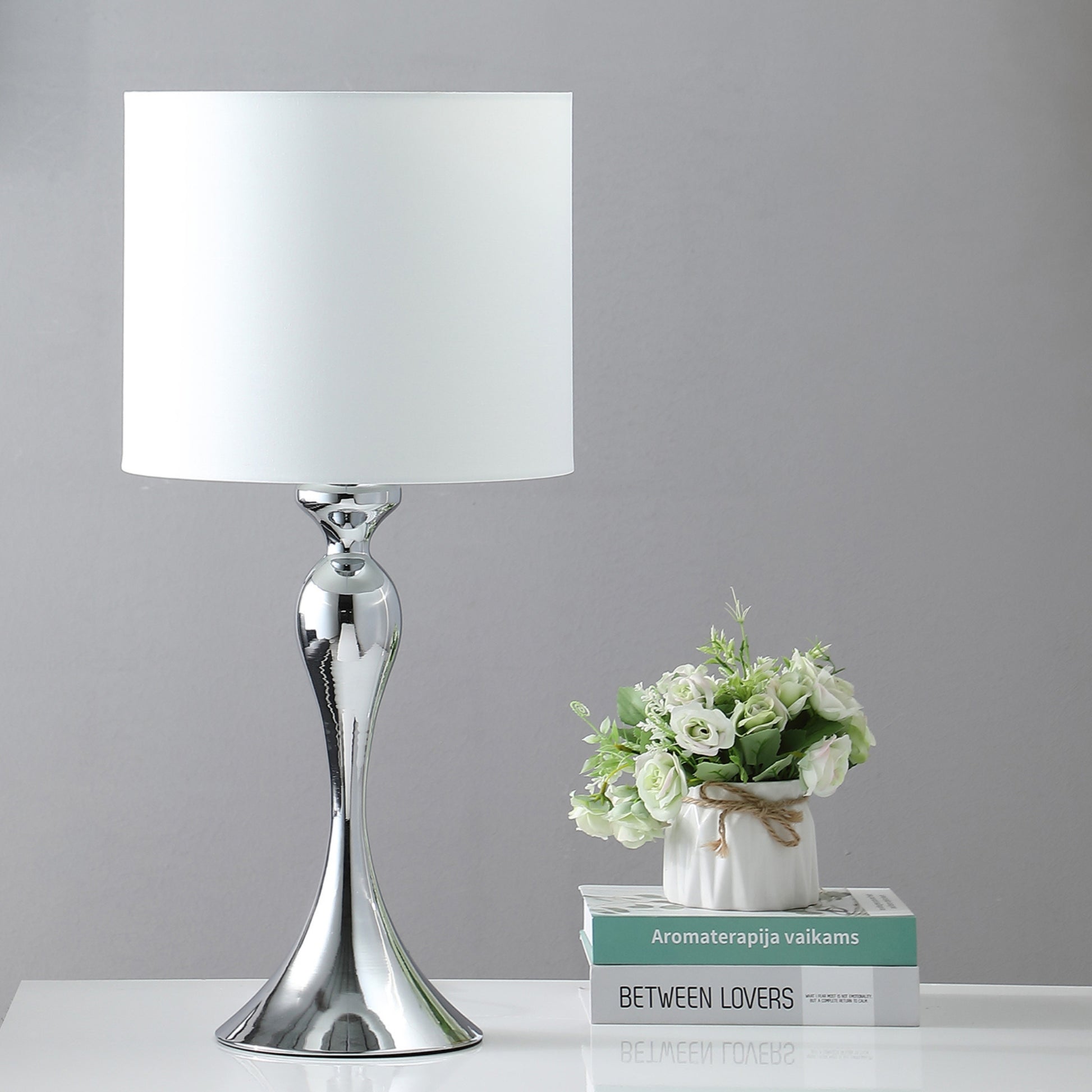 24.5" In Bailey Dark Silver Chrome Modern Candlestick Metal Table Lamp Silver Fabric Metal