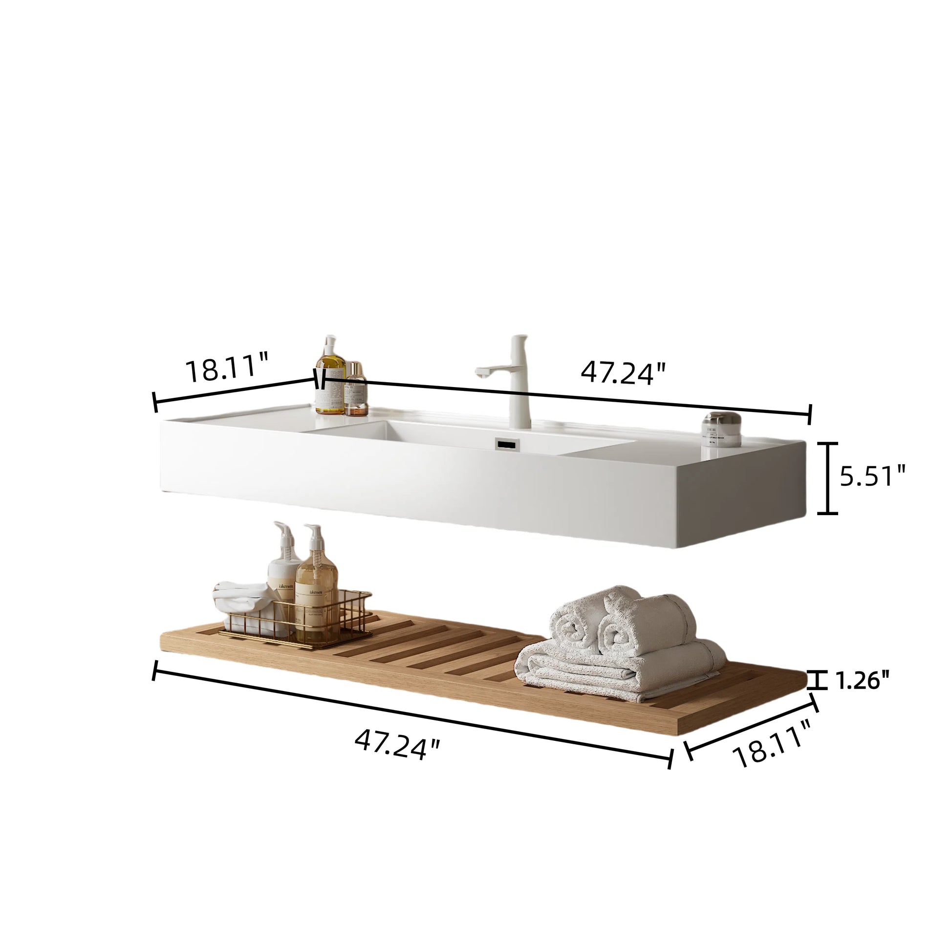 Lede 48" Bathroom Vanity With Vessel Sink, Wall Mounted Floating White Rectangular Acrylic Integrated Basin Without Faucet, Striped Shelves Layer, Natural Wood Natural Wood,White Bathroom