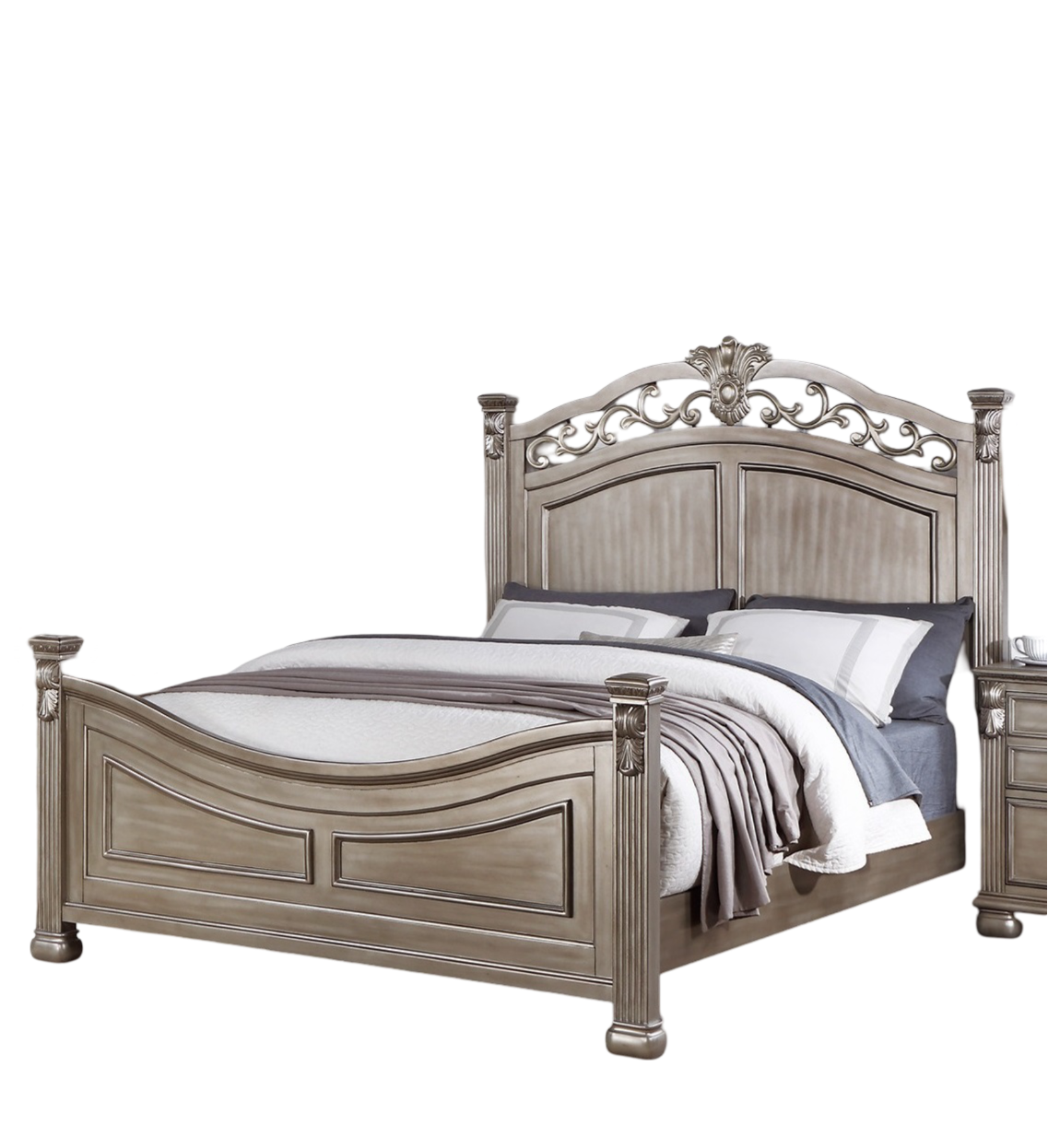 Formal Traditional Antique Silver 1Pc California King Size Bed Unique Design Headboard Footboard Bedframe Box Spring Required California King Antique Silver Wood Bedroom American Traditional,Classic,Contemporary,Luxury,Traditional Pine Bed Frame Plywood