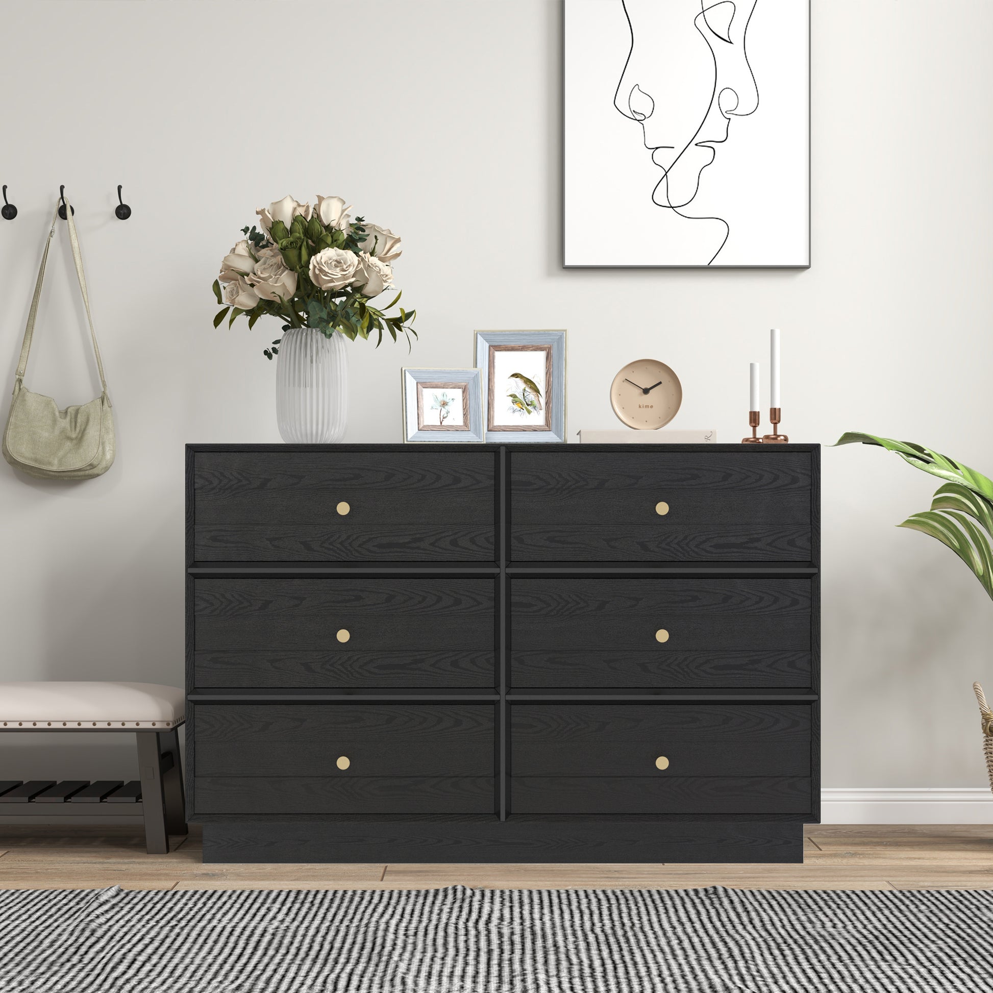 6 Drawer Dresser, Modern Closet Dressers Chest Of Drawers With Crystal Knobs & Decorative Painted Strip Black Black Wood