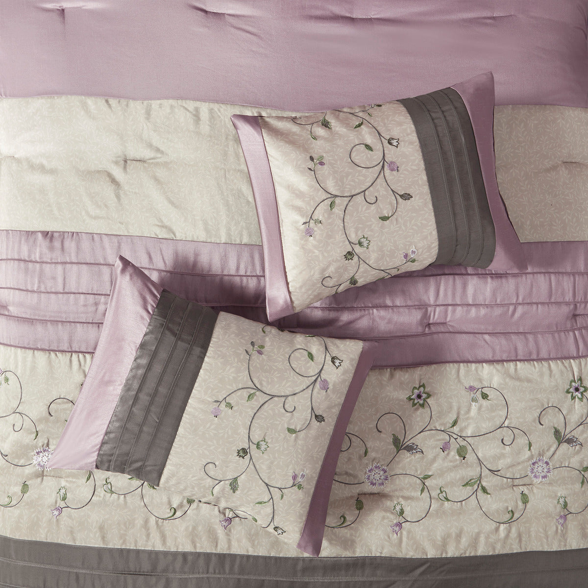 Embroidered 7 Piece Comforter Set Purple Queen Queen Purple Polyester