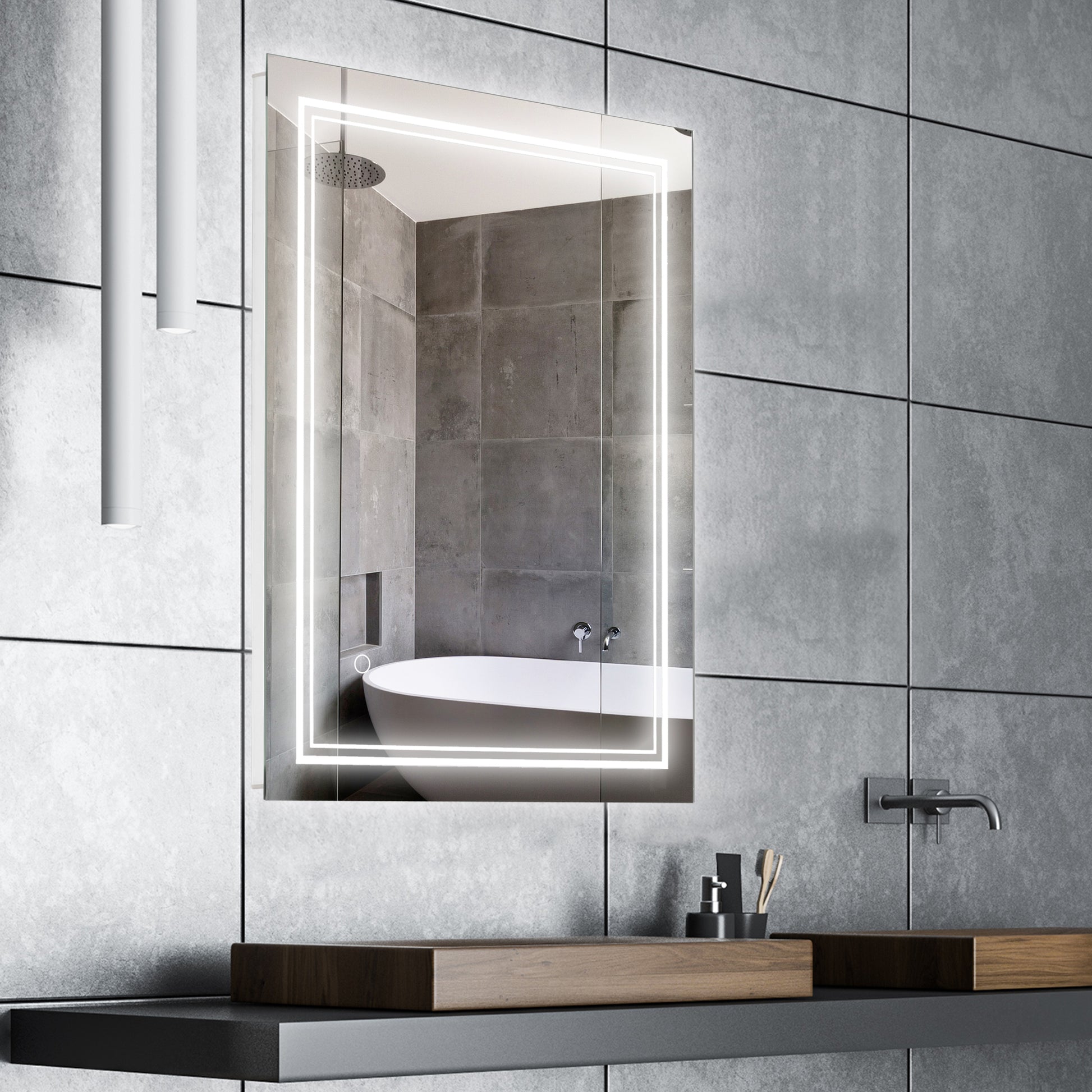 Kleankin 32" X 24" Led Bathroom Mirror, Lighted Vanity Mirror, Wall Mounted With Smart Touch Button, Horizontally And Vertiy, Waterproof, Plug In, Silver Silver Aluminum