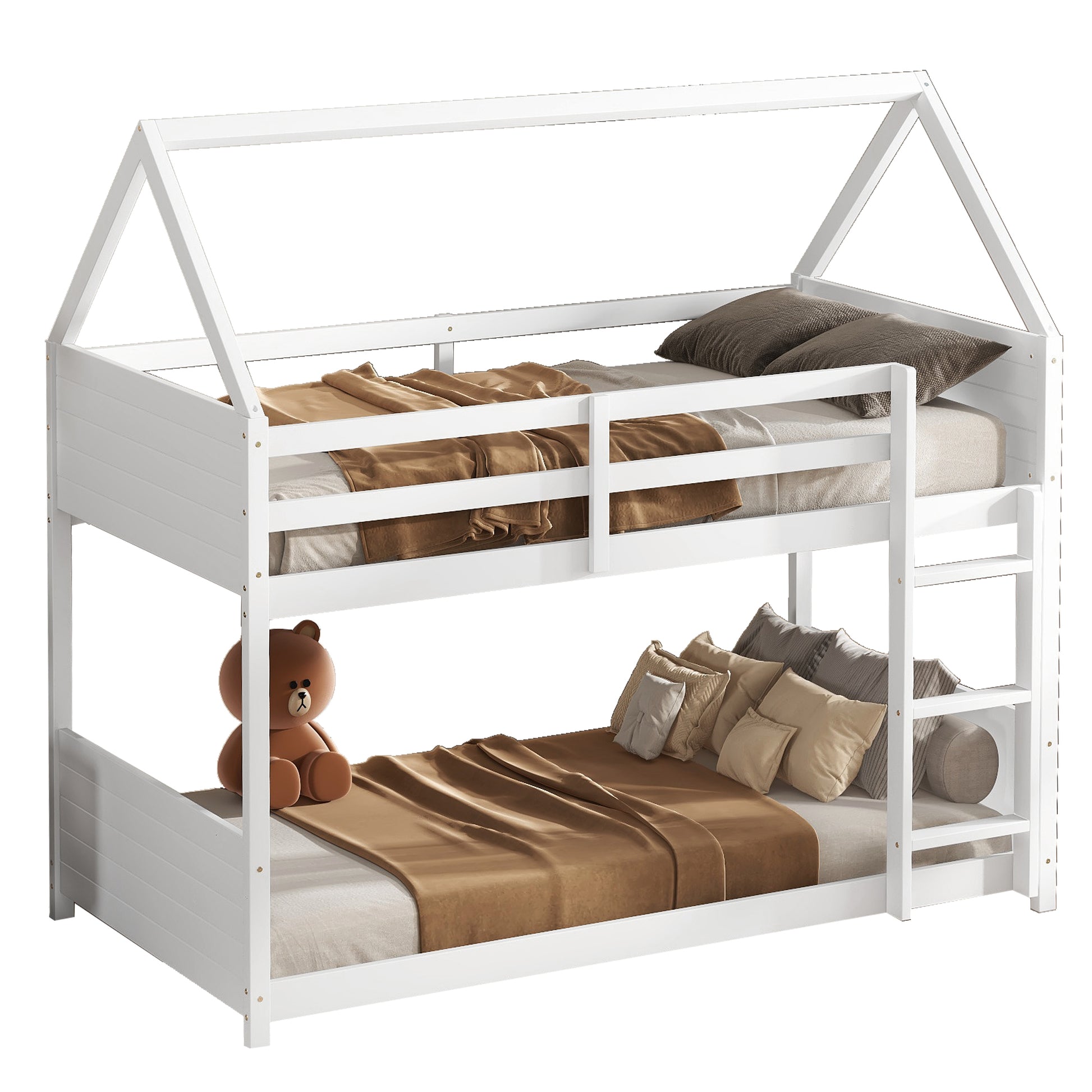 Twin Over Twin House Floor Bunk Bed With Headboards, Footboards And Guardrails, Ladder, Rubber Wood Bunk Bed With Safety Guardrails,White Twin White Rubber Wood