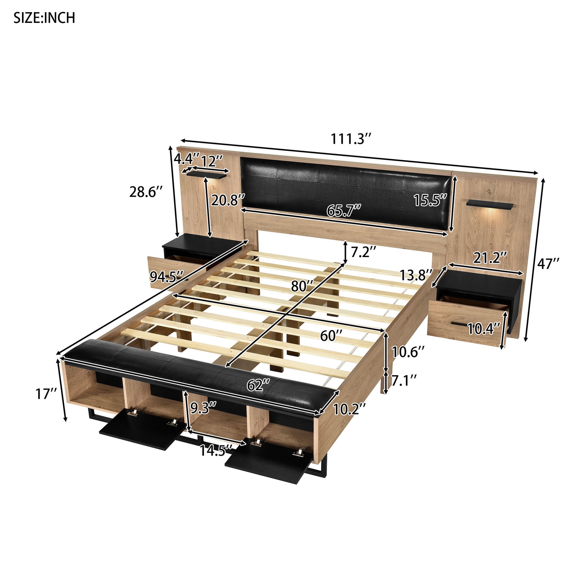 Queen Size Wood Platform Bed With Upholstered Headboard, Lights And Storage Nightstand, Bench, Walnut Box Spring Not Required Queen Walnut Wood Bedroom Bed Frame Faux Leather Solid Wood Mdf