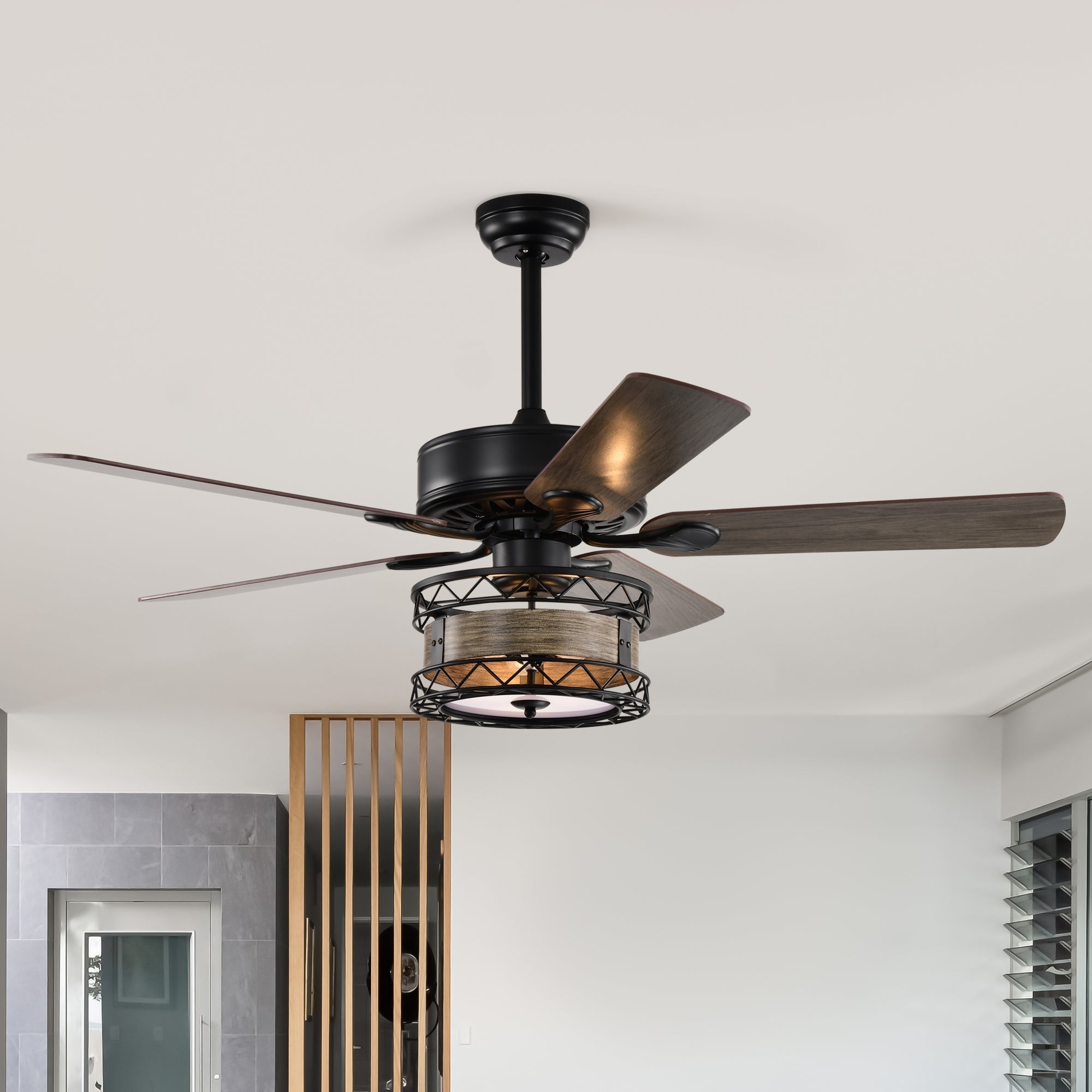 52 Inch Farmhouse 3 Lights Ceiling Fan With 5 Wood Blades, Two Color Fan Blade, Ac Motor, Remote Control, Reversible Airflow, Multi Speed, Adjustable Height, Traditional Ceiling Fa No Include Bulbs Matt Black American Design,American