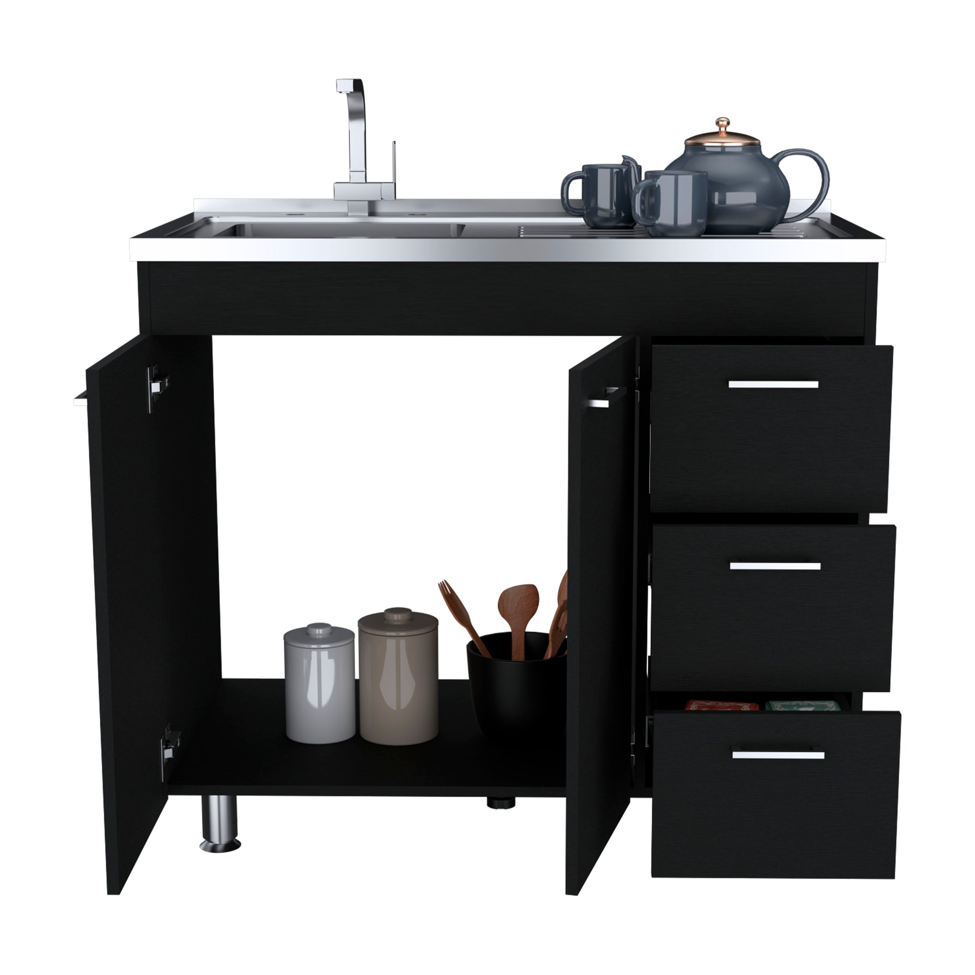 Ferretti Utility Sink With Three Drawers And Double Door Cabinet Black Black Kitchen Modern Particle Board