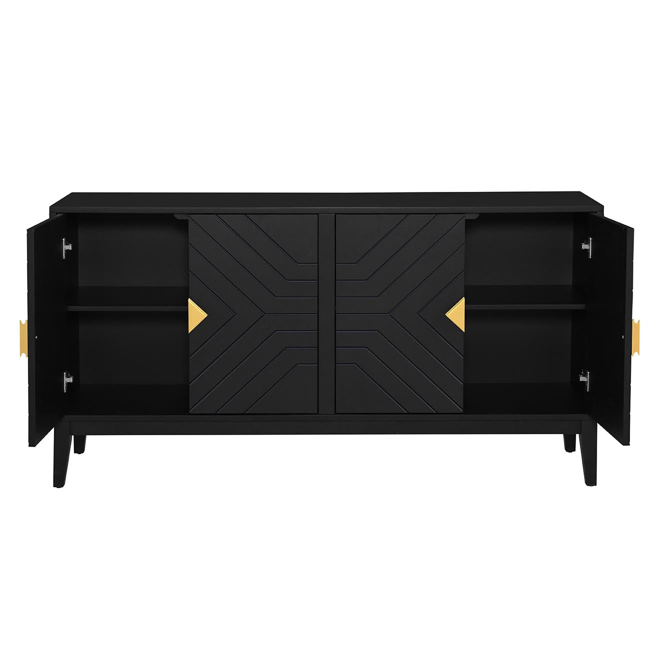 4 Door Sideboard Storage Cabinet For Living Room And Dining Room, Two Large Cabinets With Gold Handles And Adjustable Shelf, Black Black Rubberwood Solid Wood Mdf