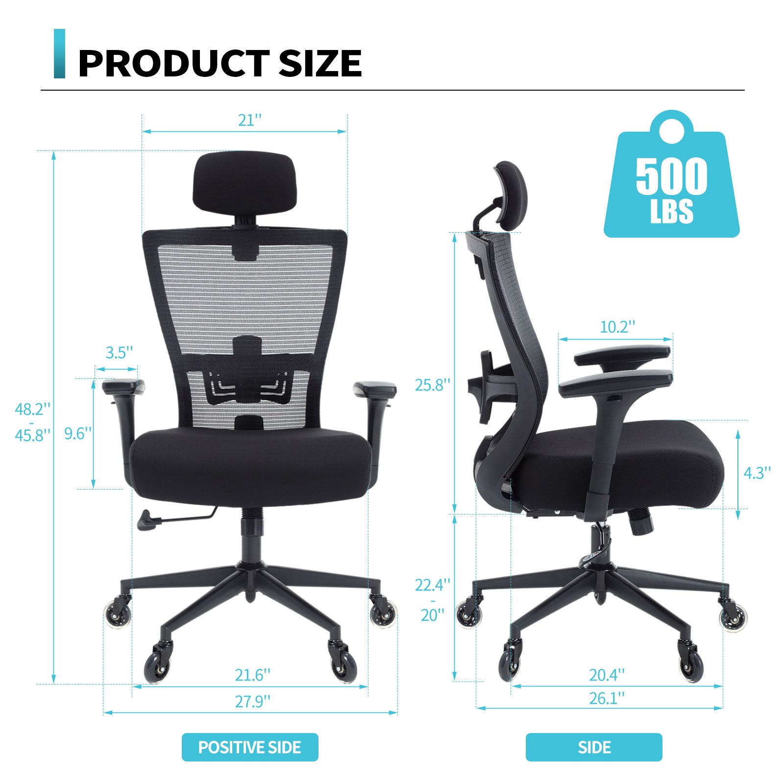 Big And Tall Office Chair 500Lbs Ergonomic Office Chair For Heavy People With 3D Armrest, Quiet Rubber Wheels, Adjustable Lumbar Support And Headrest Heavy Duty Metal Base Mesh Chair Nylon Black