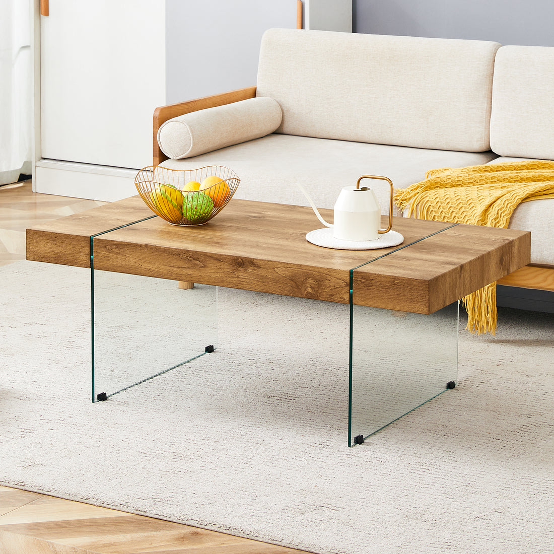 43.3"X23.6" Wood Colored Texture Sticker Mdf Coffee Table With Tempered Glass Legs.Suitable For Living Room.It Can Be Used Not Only As A Coffee Table But Also As A Side Table Or Display Stand. Wood