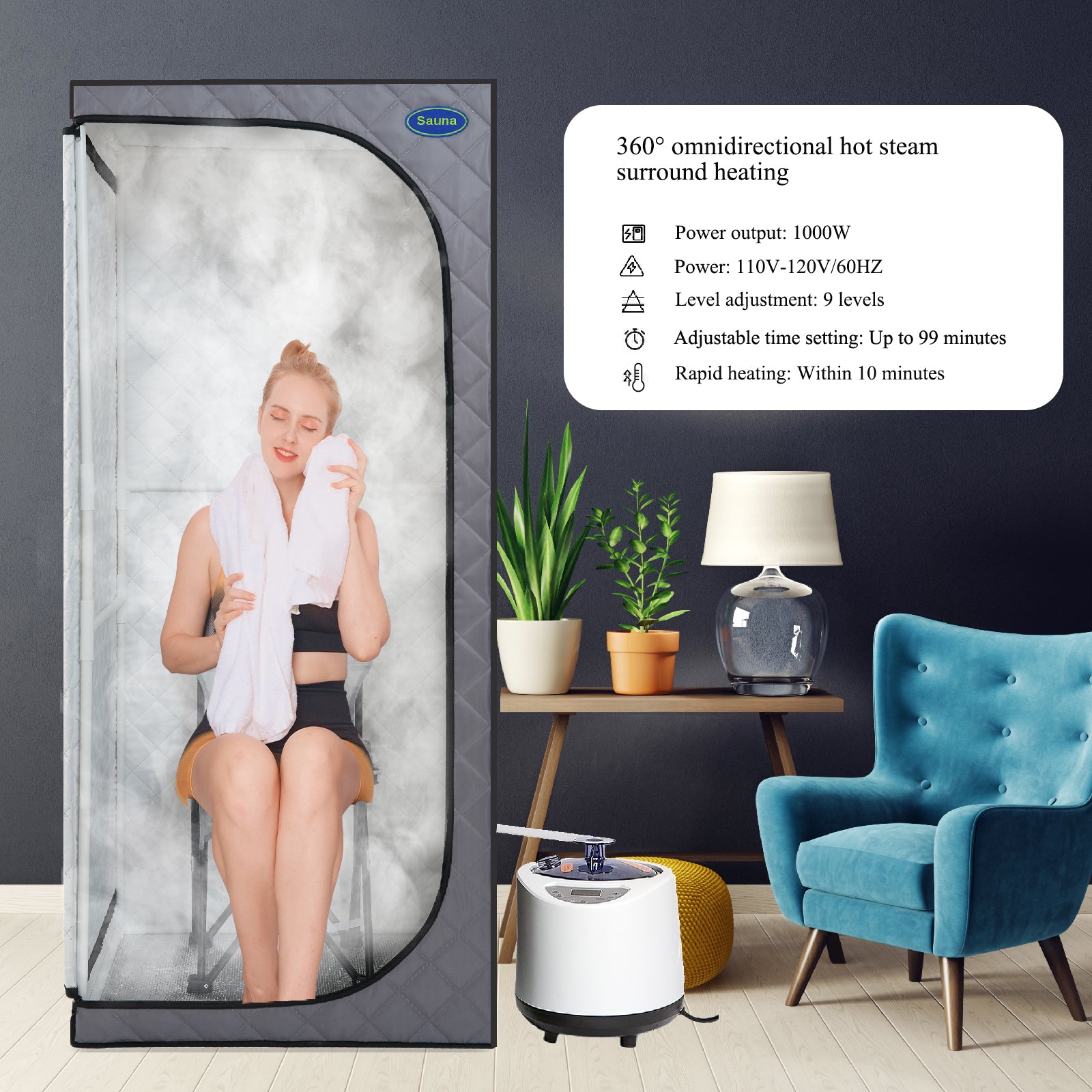 Full Size Portable Grey Steam Sauna Tent Personal Home Spa, With Steam Generator, Remote Control, Foldable Chair, Timer And Pvc Pipe Connector Easy To Install.Fast Heating, With Fcc Certification Grey Polyester