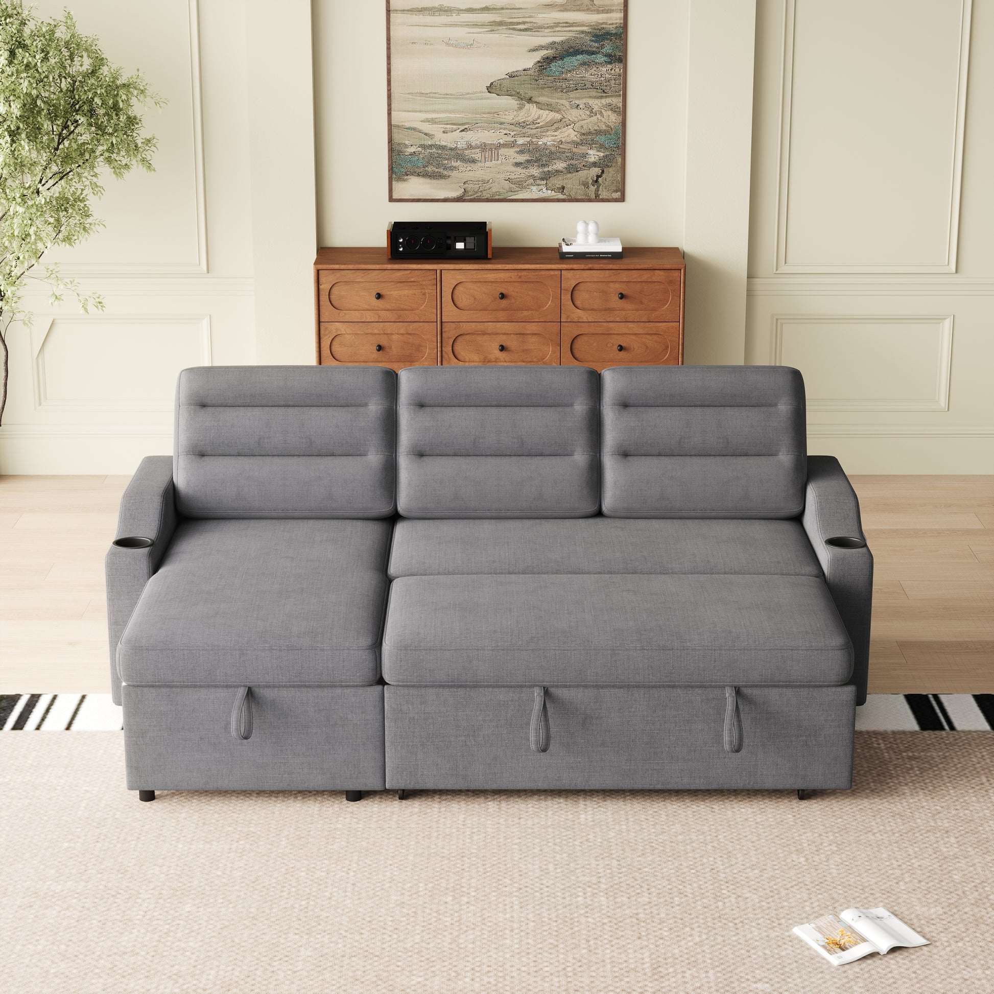 Mh83.5" Convertible Sleeper Combo Sofa, Convertible Sofa Bed Polyester Pullout Bed With Storage Recliner And Cup Holder For Living Room, Tight Spaces Dark Grey Polyester Wood Primary Living Space Pine Foam Fabric 3 Seat