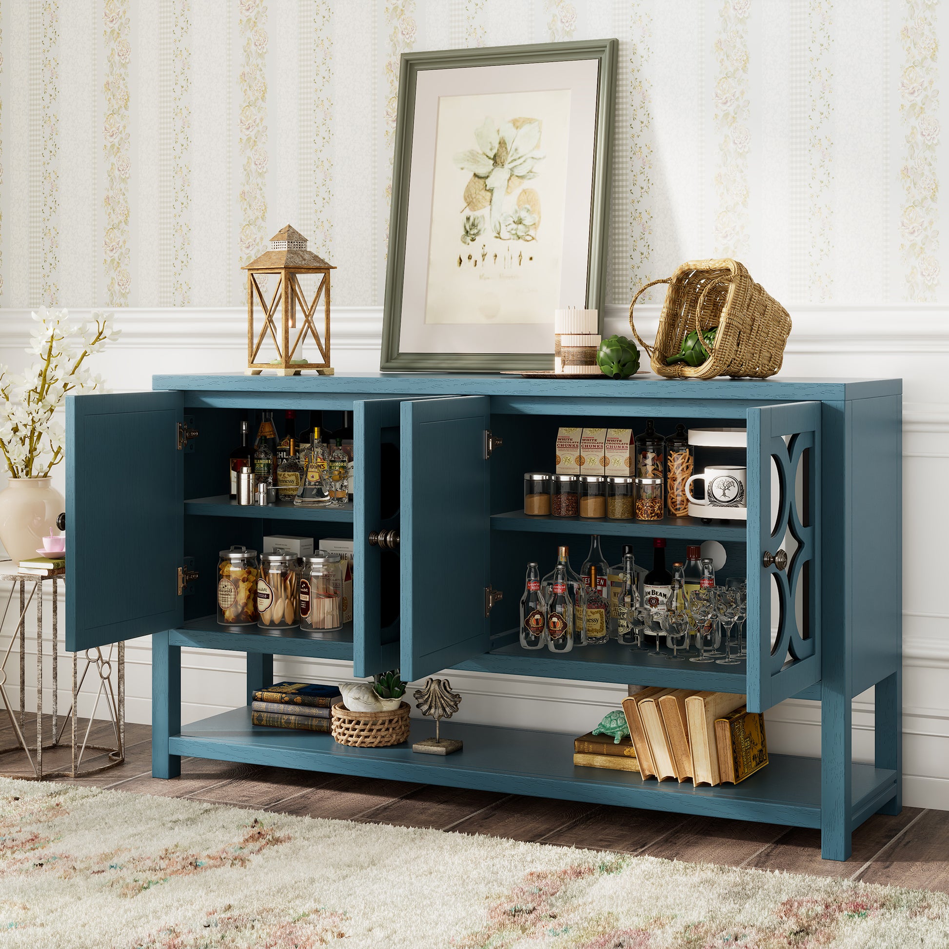 Elegant Retro Console Table Storage Cabinet Sideboard With Mirrored Doors, Spacious Shelves, And Durable Acacia Wood Legs Perfect For Living Room, Dining Room, Or Entryway Antique Navy Antique Navy Primary Living Space Solid Wood Mdf