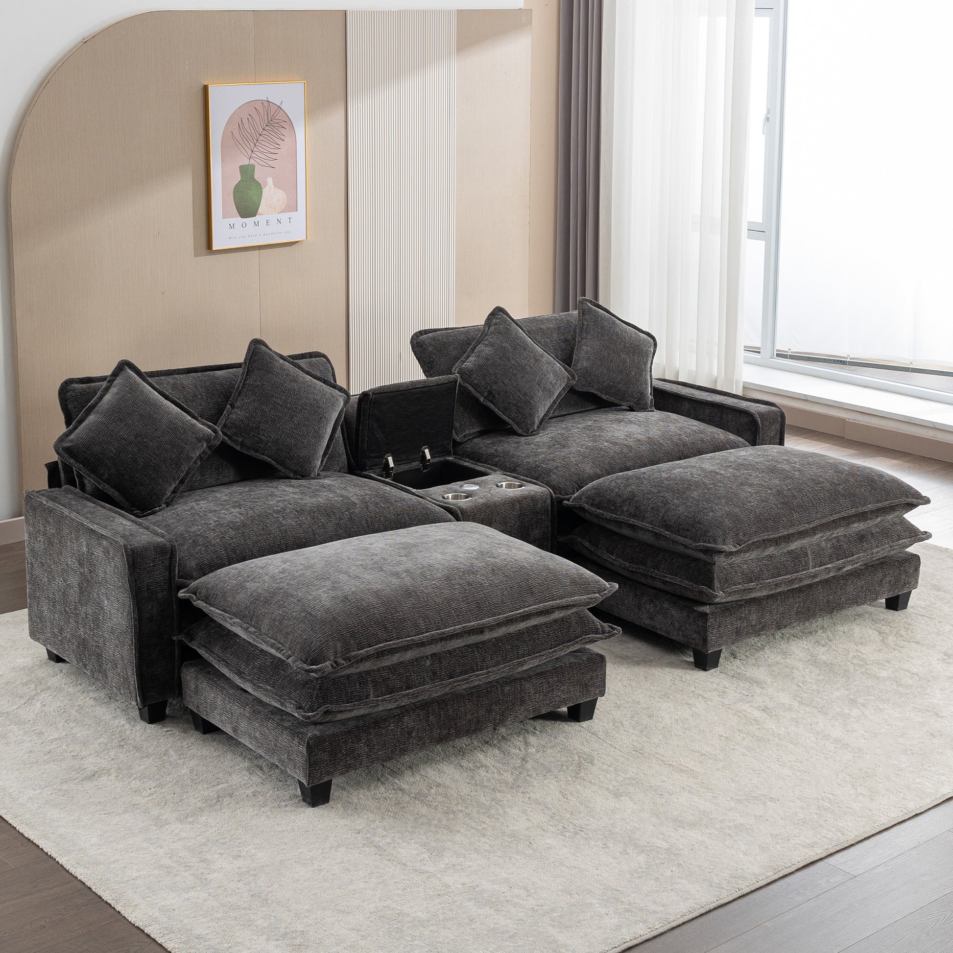 112.6" Sectional Sofa Chenille Upholstered Sofa With Two Removable Ottoman, Two Usb Ports, Two Cup Holders And Large Storage Box For Living Room, Black Black Foam Chenille 2 Seat