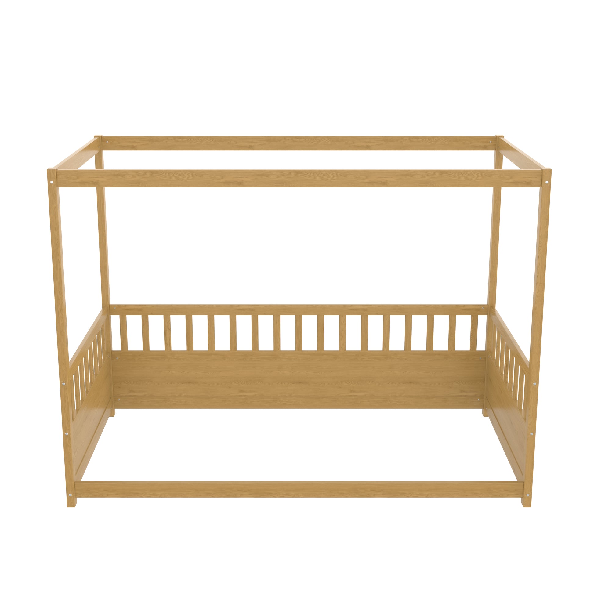 Twin Size Canopy Bed Frame With Guardrails For Kids,Floor Bed Twin With Four Poster Design,Kids Montessori Floor Bed,Wood Canopy Bed Frame For Girls,Boys Twin,Natural Box Spring Required Twin