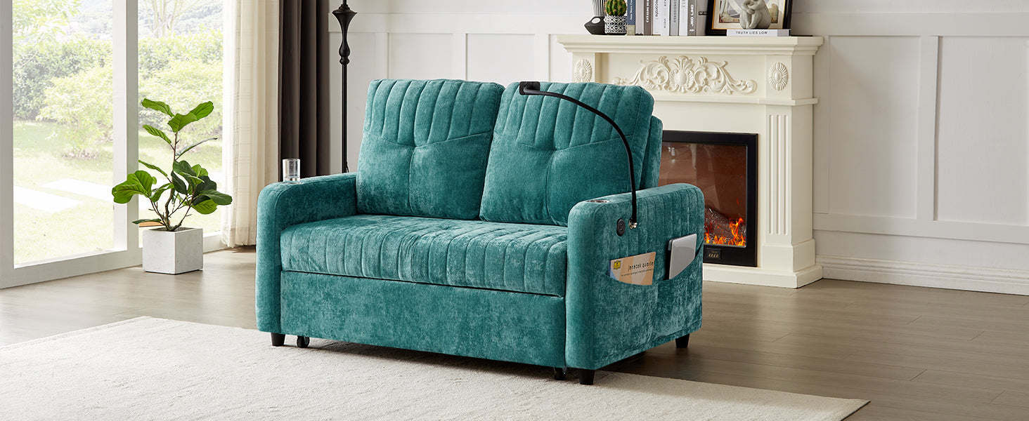 53.9" Modern Loveseat Pull Out Sofa Bed With Adjustable Backrest, Two Cup Holdersa Phone Holder, Three Charging Ports And Side Storage Pockets For Living Room, Teal Teal Foam Chenille